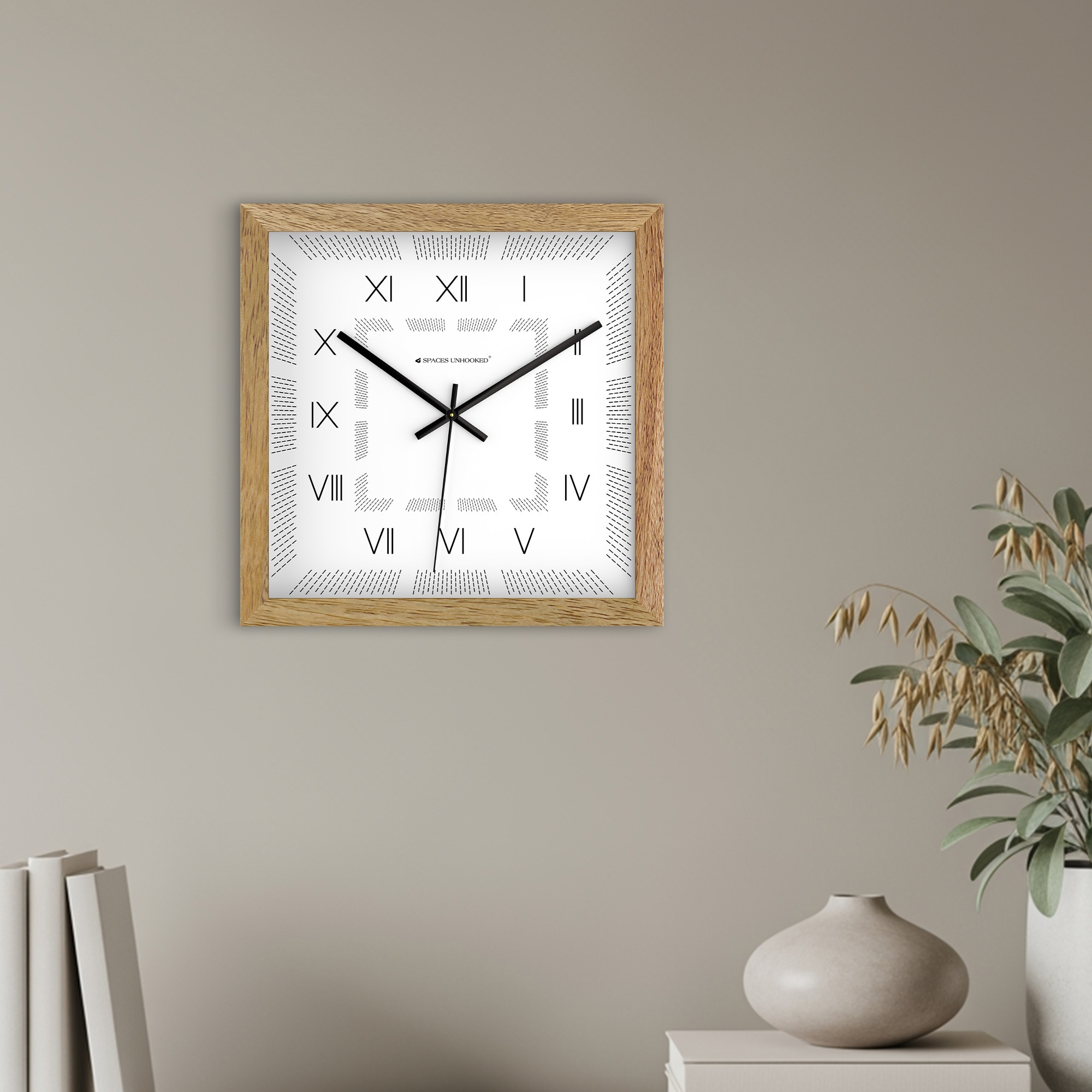Square Roman Numeral Wooden Wall Clock with Natural Frame