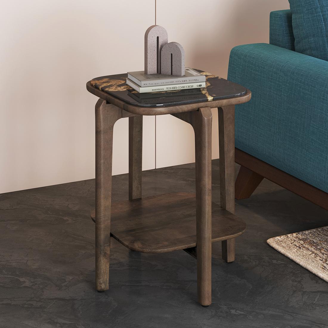 Alba Square Copa Cabana Black Stone and Solid Wood Side Table in Danish Walnut Finish