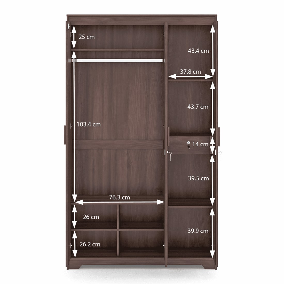 Hilton 3 Door 1 Drawer Wardrobe With Mirror and Lock in Chestnut Acacia Finish