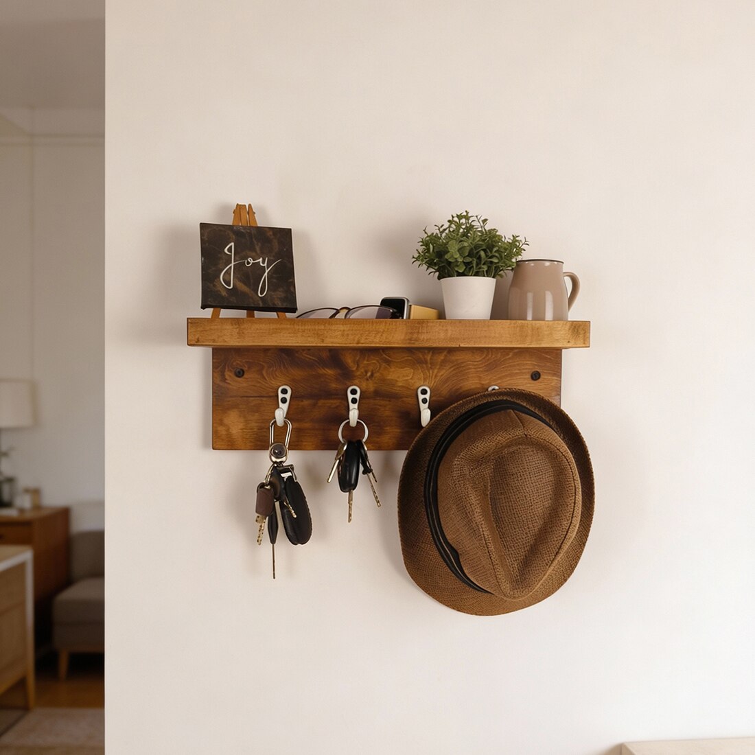 Baxter Wooden Wall Shelf Organiser With Key Holders