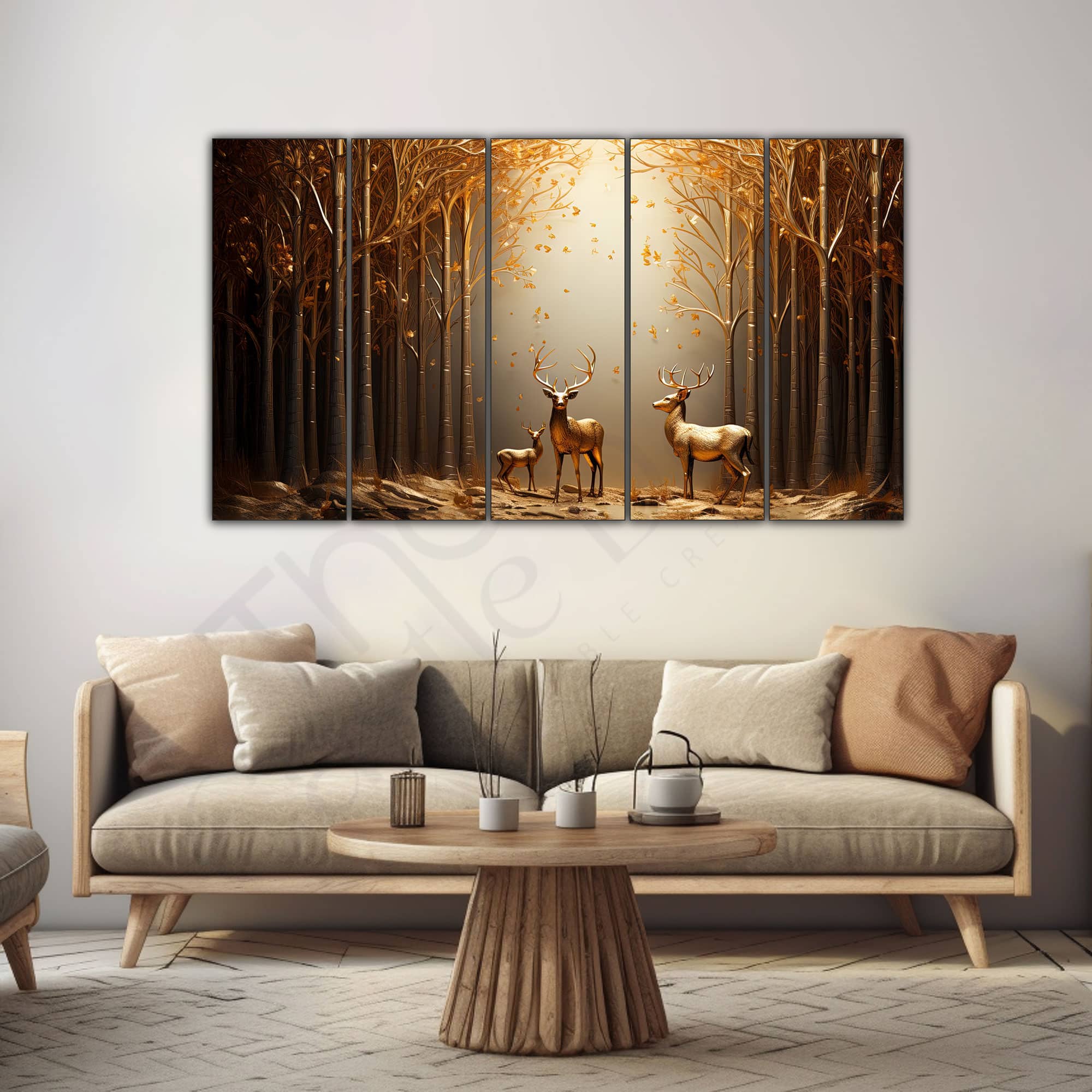 The Castle Decor Golden Deer Wall Painting Wooden Framed Digital Painting 27x48 Inch (Style 1) - The Castle Decor