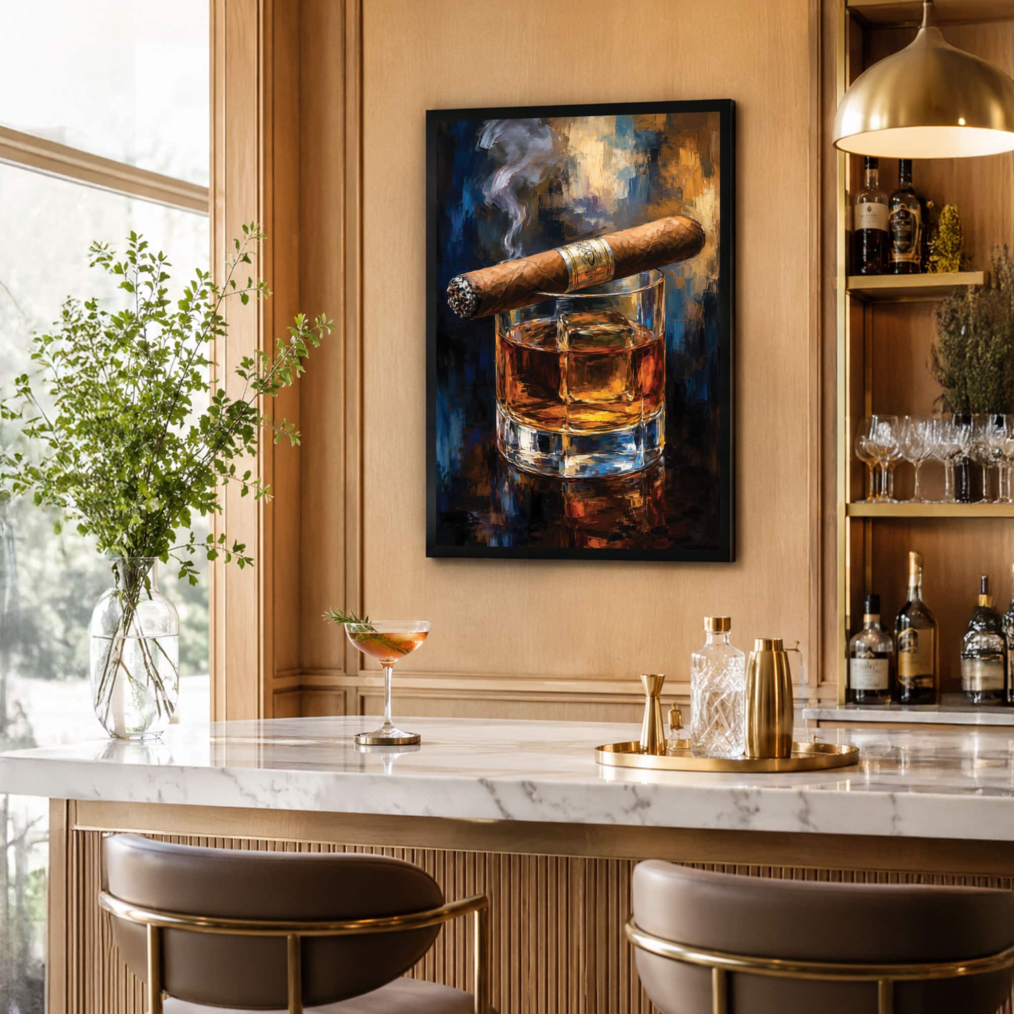 The Castle Decor Cigar Whiskey Glass Wall Art Framed Painting 14x20 Inch - The Castle Decor