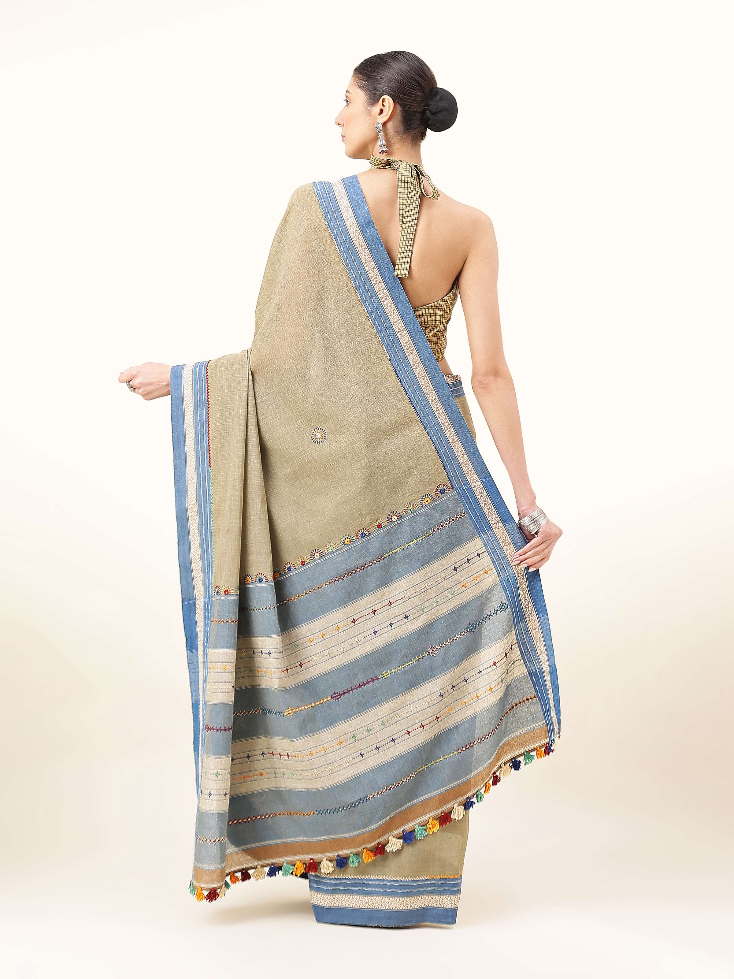 Olive Natural Dyed Cotton Lambani Embroidered Saree