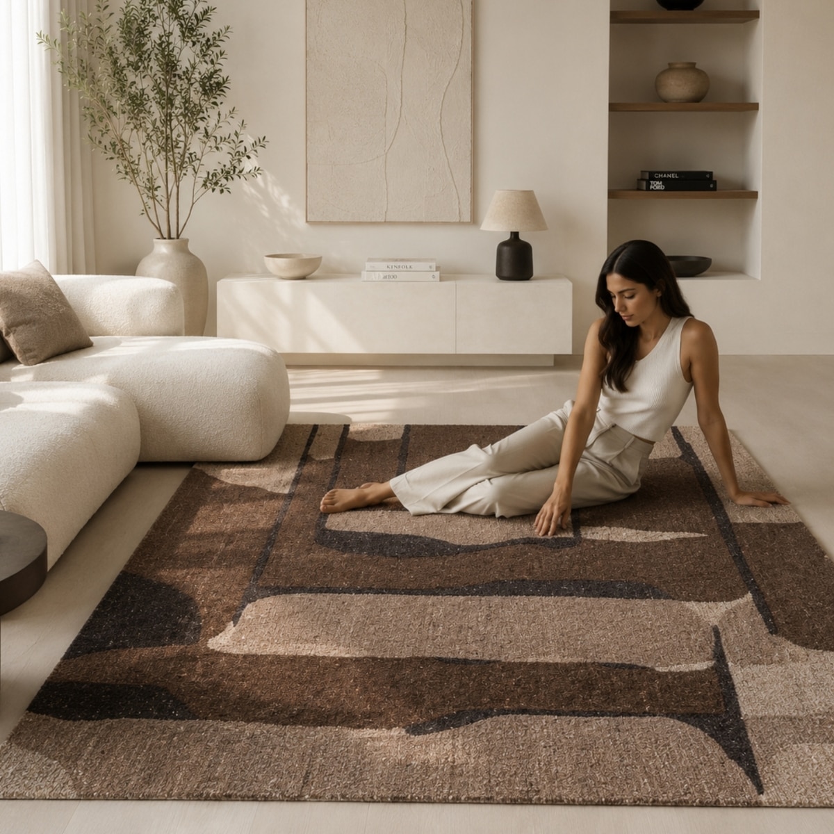 Handmade Wool Area Rug Modern Abstract Mocha Brown 4 x 6 Feet Carpet