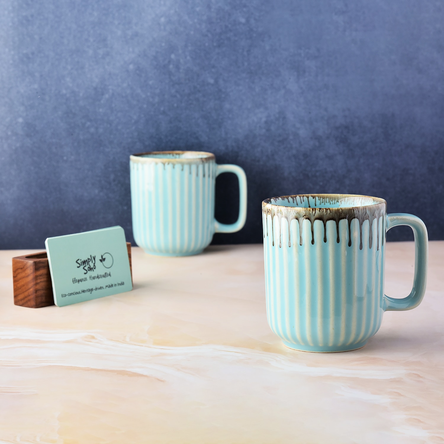Blue Aqua Drizzle Contemporary Ceramic Mug Set - Simply Soho