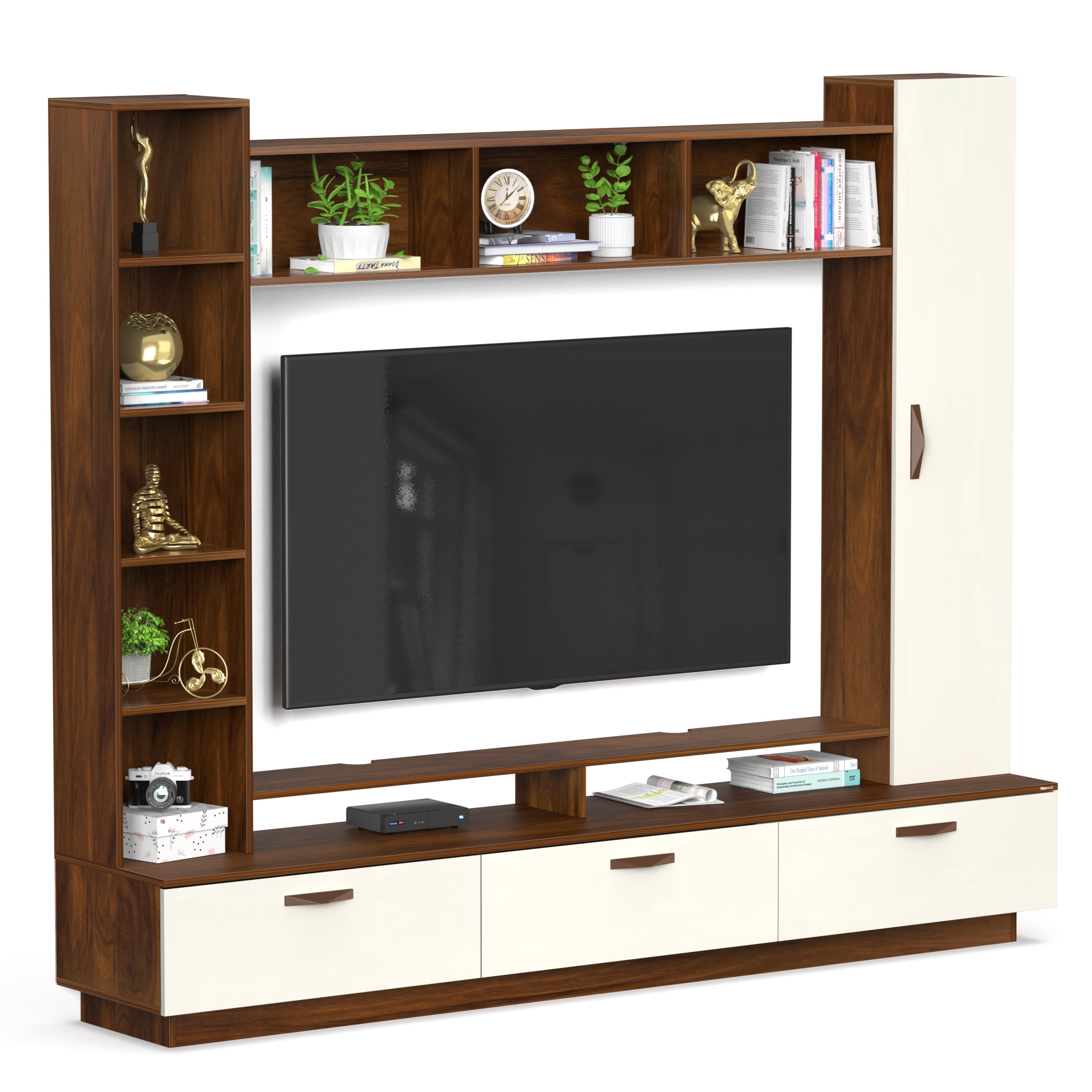 BLUEWUD Fenily Engineering Wood Floor Standing TV Entertainment Unit Set Top Box Stand/TV Cabinet with Shelves for Books & D�cor Display Unit Bed Living Room Upto 60 Inches (Brown Maple & Beige)