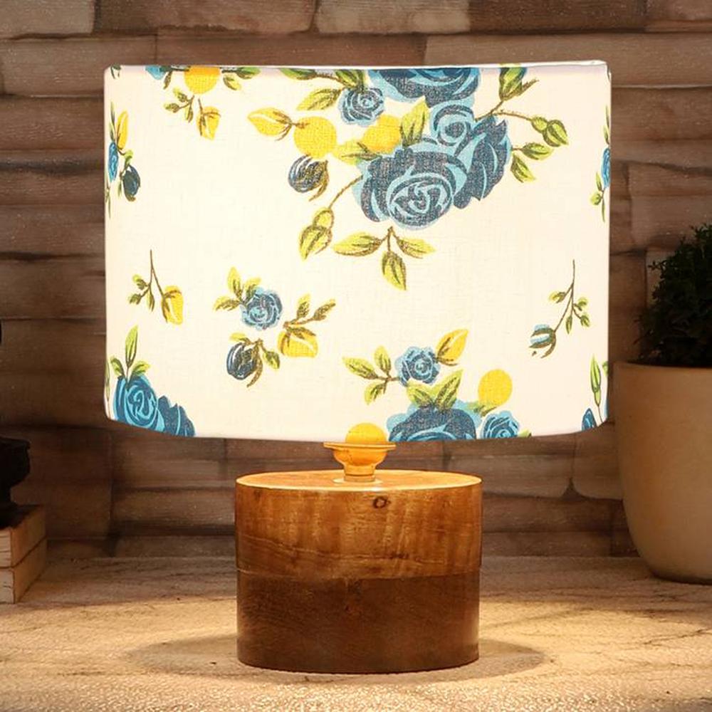 Dashiell Multicolor cotton table lamp with Natural Wood Base - Devansh