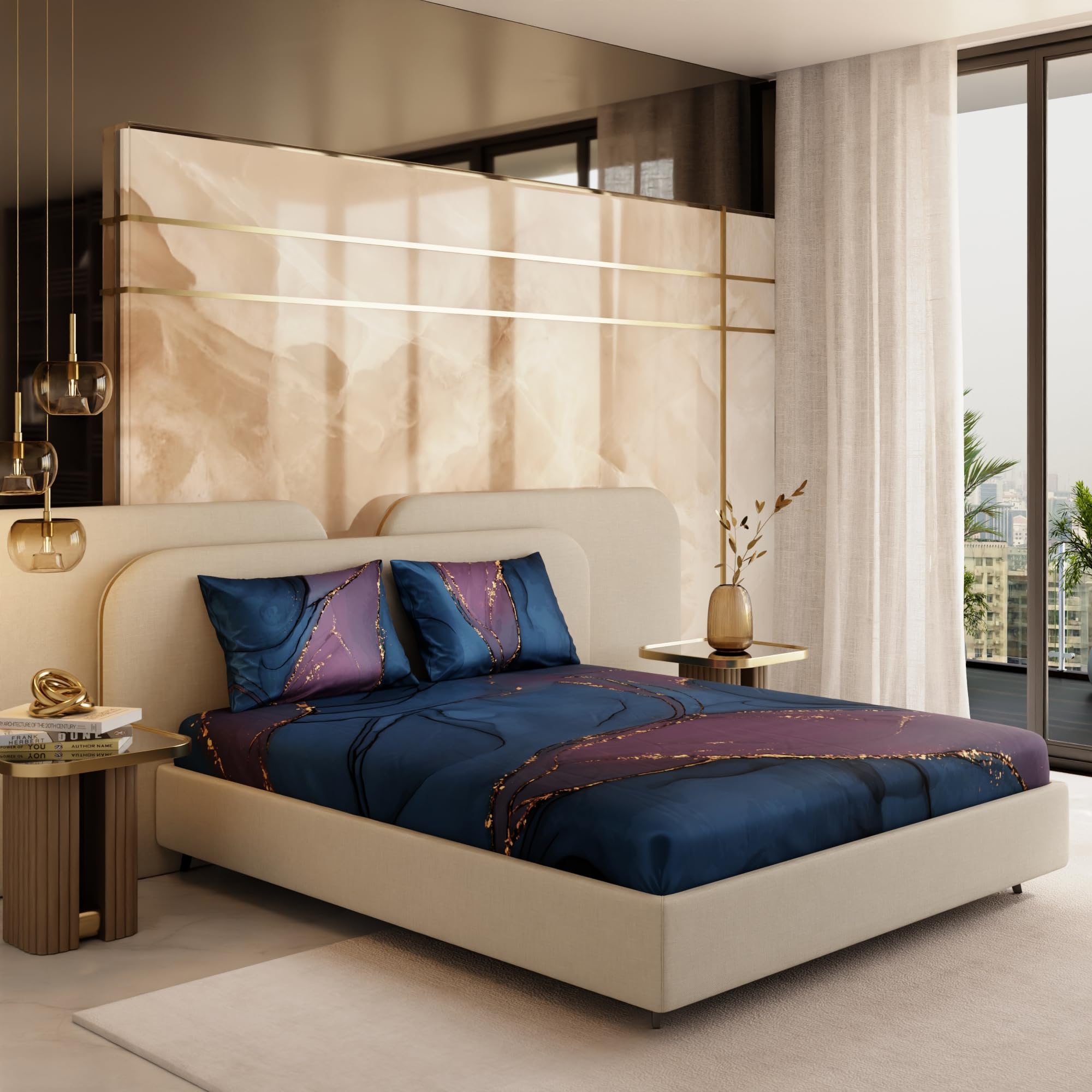 Stoa Paris 300TC UltrSatin King Bedsheet Set Satin King Indigo, Purple Gold - Stoa Paris