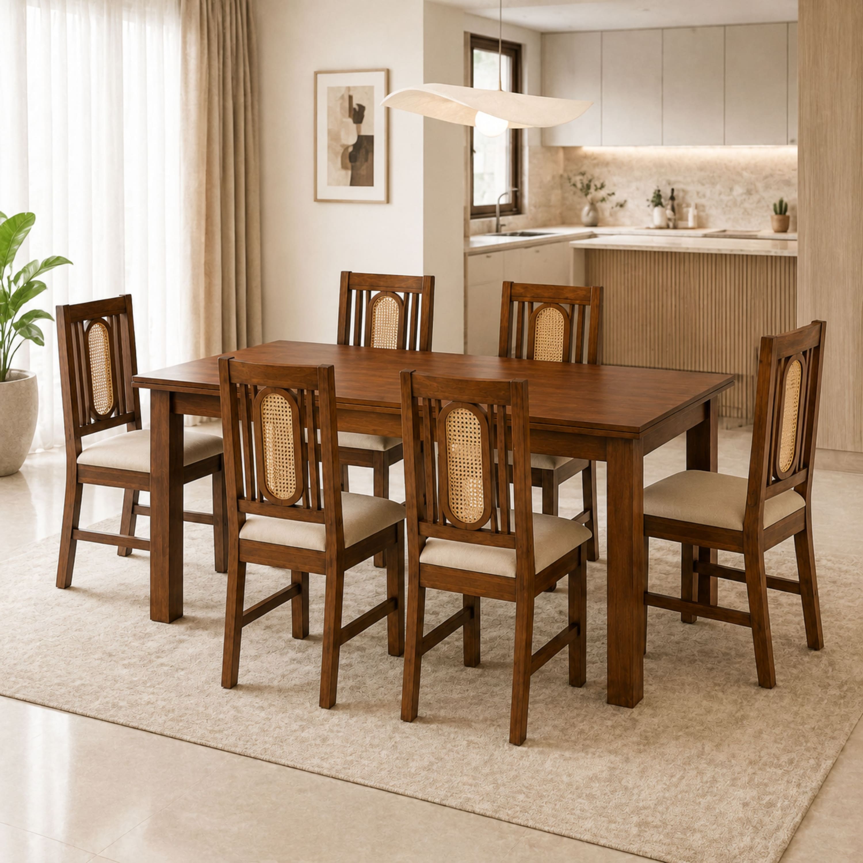 Globally Indian Corinne Solid Sheesham Wood 6 Seater Dining Table Set 6 Chairs Beige