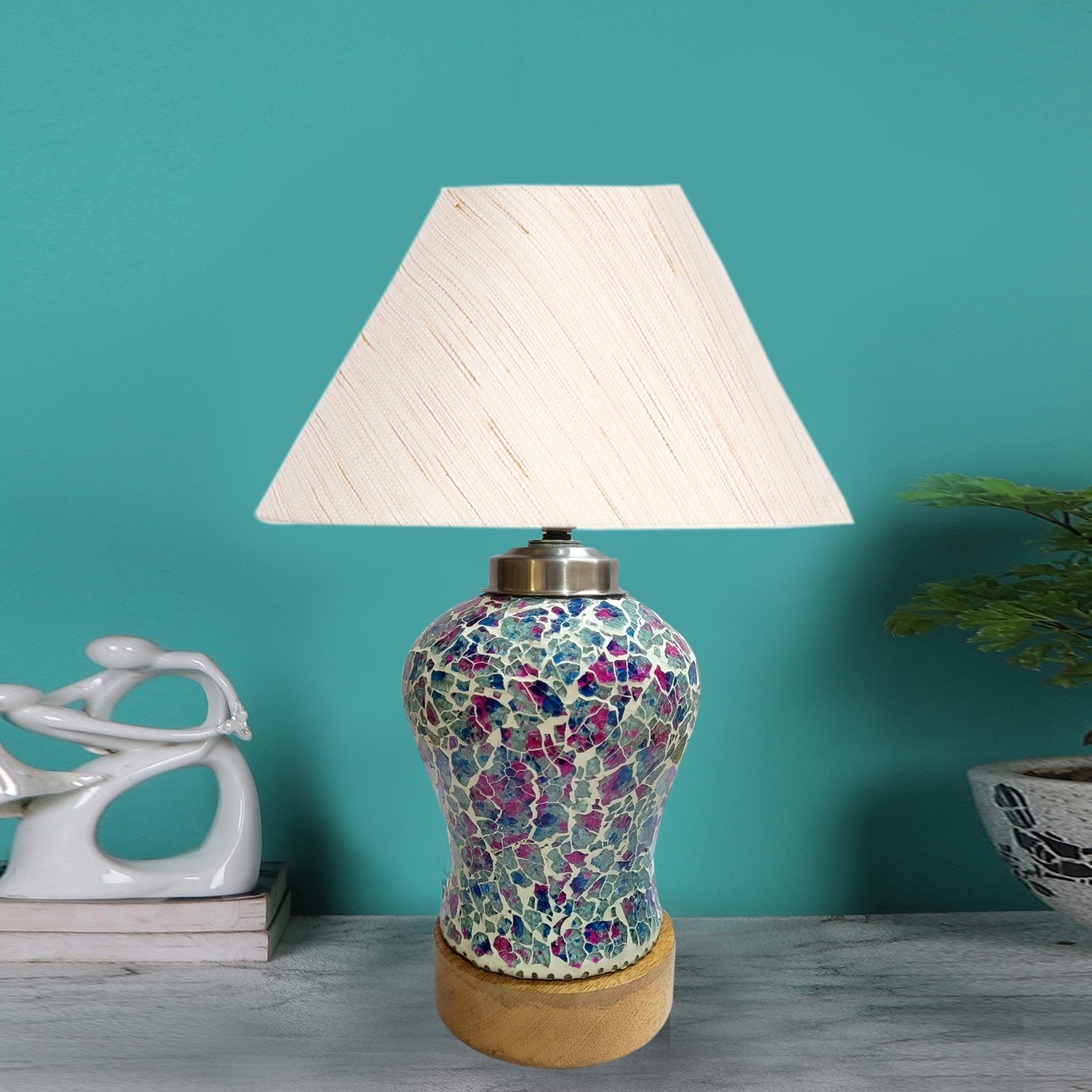 Devansh Conical  Off White Cotton Shade  Lamp With  Wood & Mosaic Glass Base For Decoration /Office/Home/Gifting/Study For Decoration /Office/Home/Gifting/Study -(10X10X14.5) Inches -