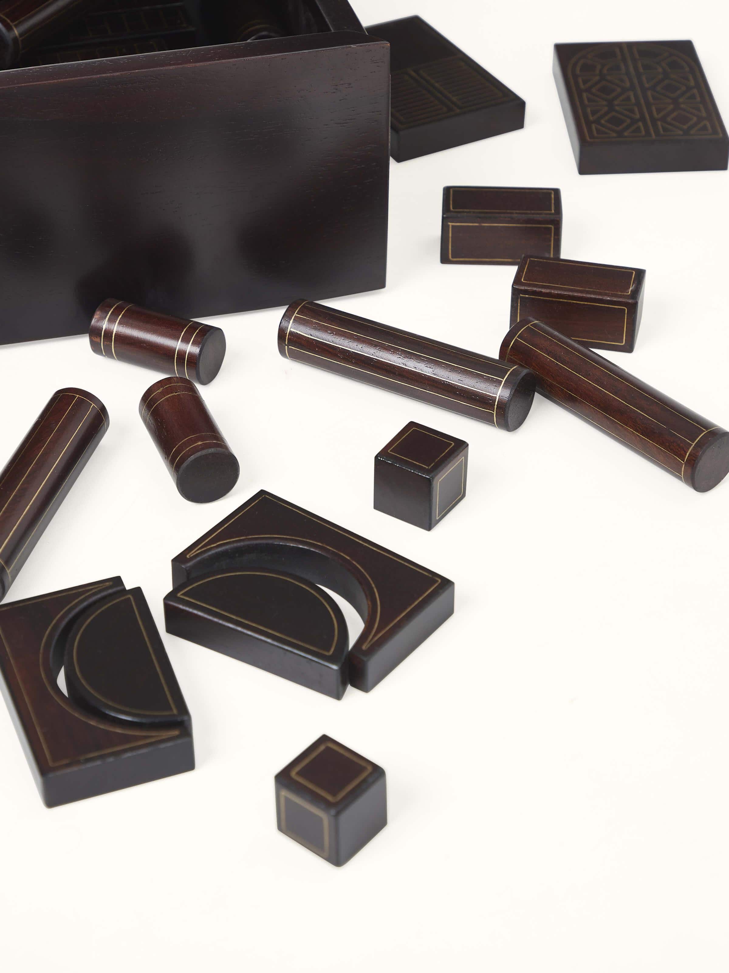 Close-up of Tarkashi Construction Block Game showing detailed wooden blocks in a vibrant arrangement