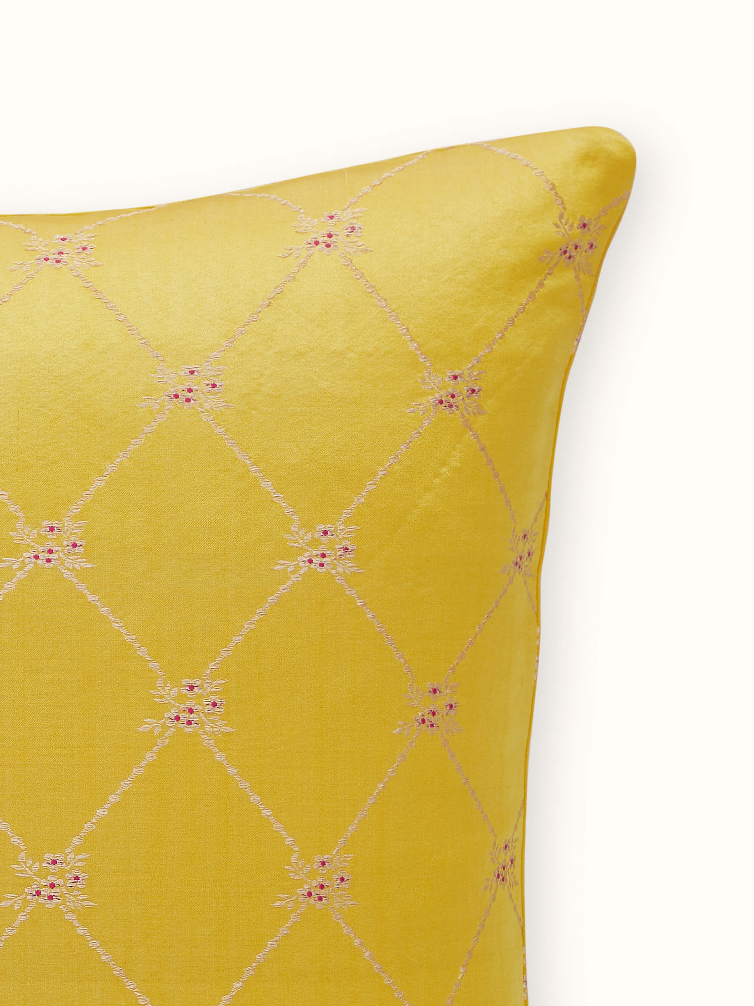 Detail view of Awadh Yellow Banarasi Cushion Cover, showing fine craftsmanship and metallic thread detailing.