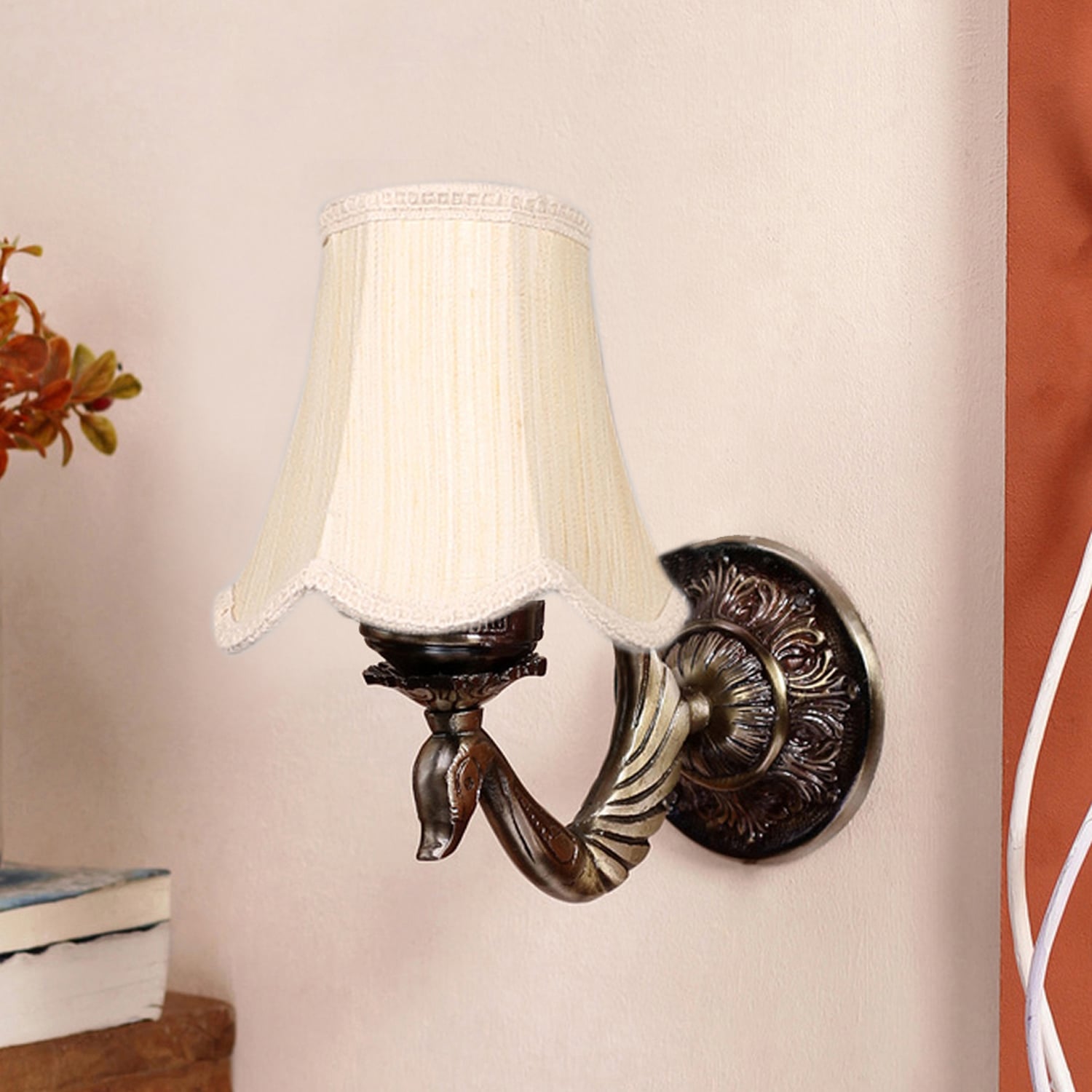 Devansh Gold Antique Wall Mounted Lamp With Off-White Cotton Shade