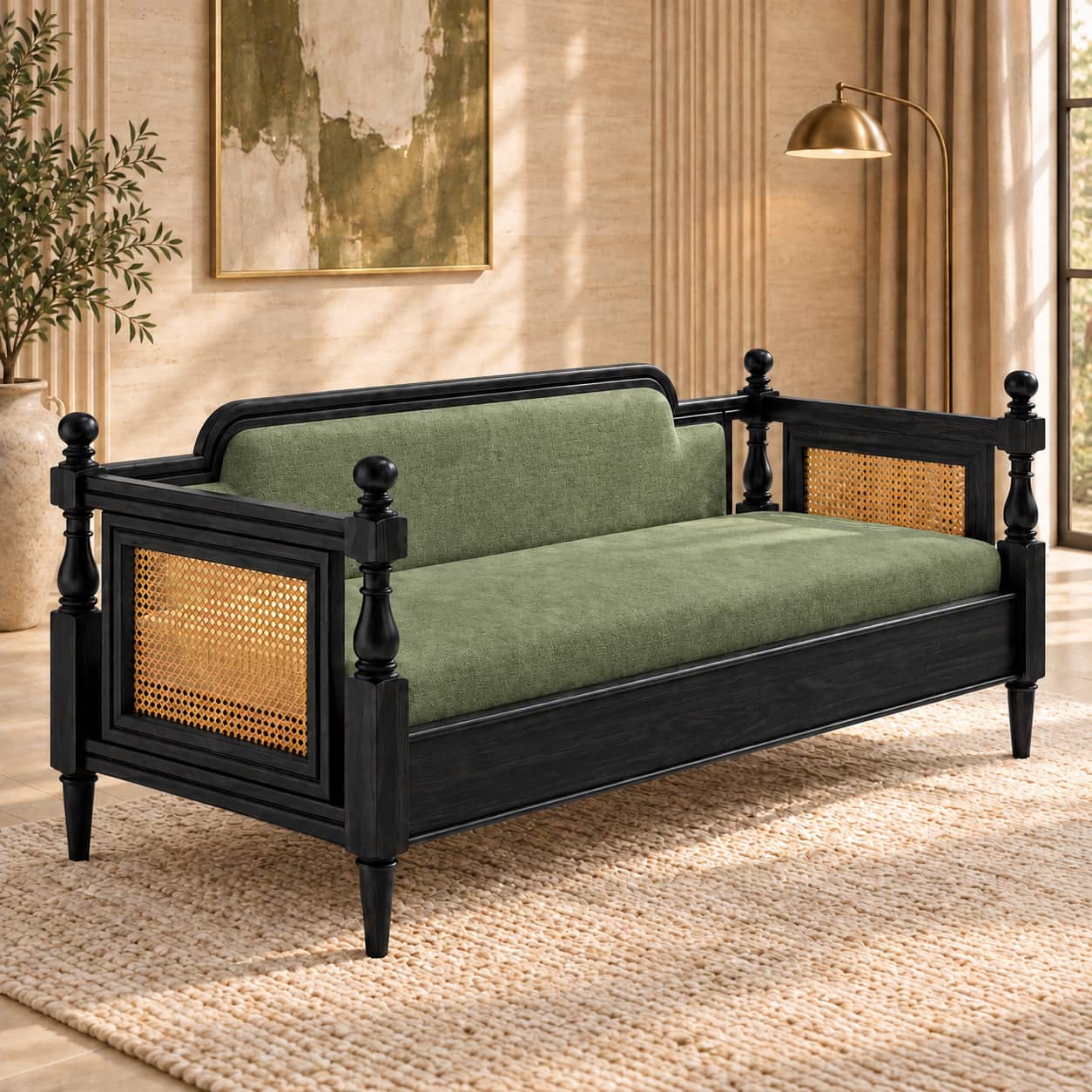 Rattan Solid wood Three Seater sofa in Black FinishSage Green