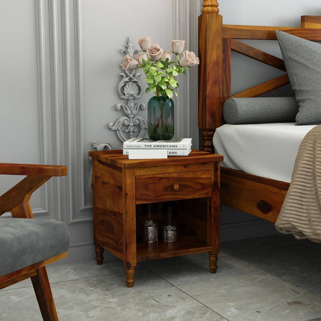 TurningSolid Wood  Bedside Table in Honey Finish