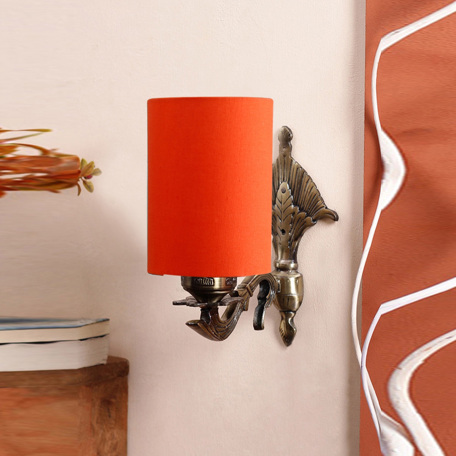 Devansh Metal Electric Wall Light in Antique Gold Colour with Orange Shade Count of 1 Light - Devansh