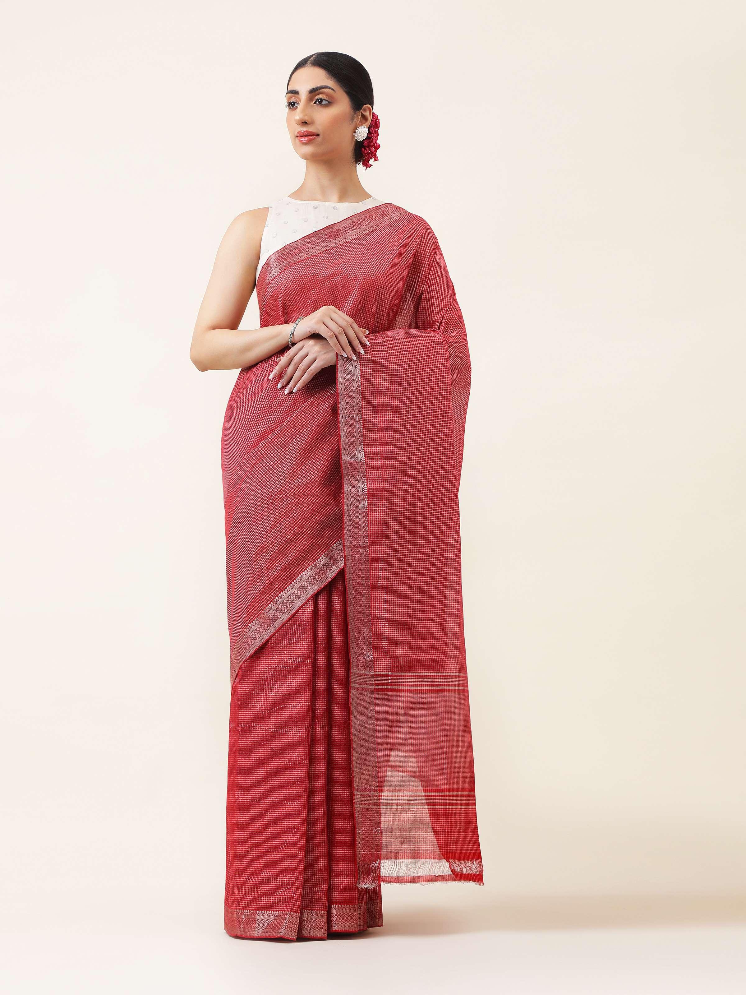 Red Cotton Blend Mangalgiri Saree
