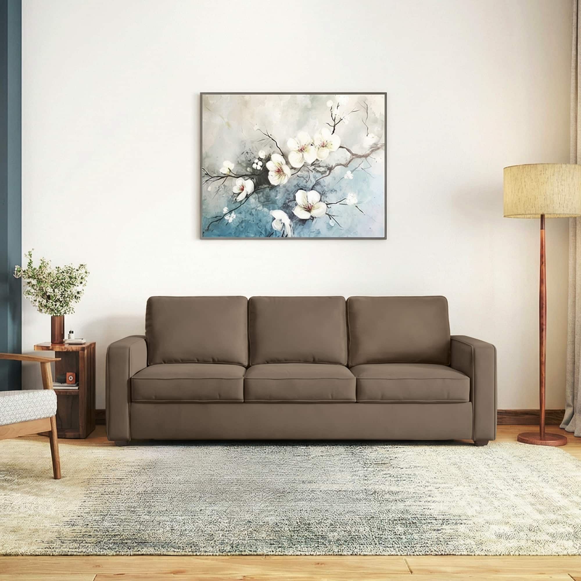 urban ladder Apollo Compact High Back 3 Seater Fabric Sofa In Truffle Beige Velvet Colour-picture-1