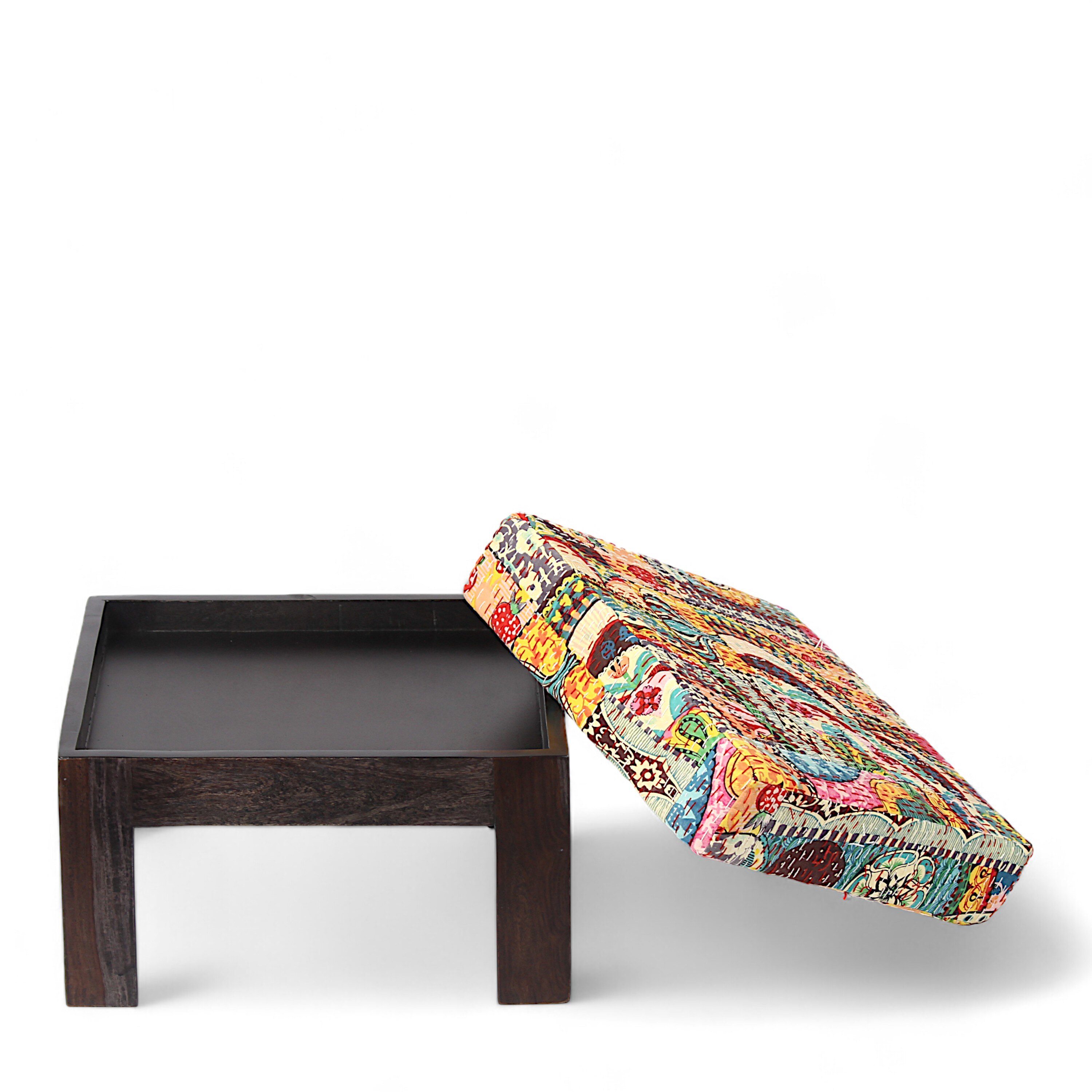 Irish Sheesham Wood Coffee Table With 2 Stools Set In Mahogany Finish & Multi Colour Israel Print Kantha Fabric Cushions