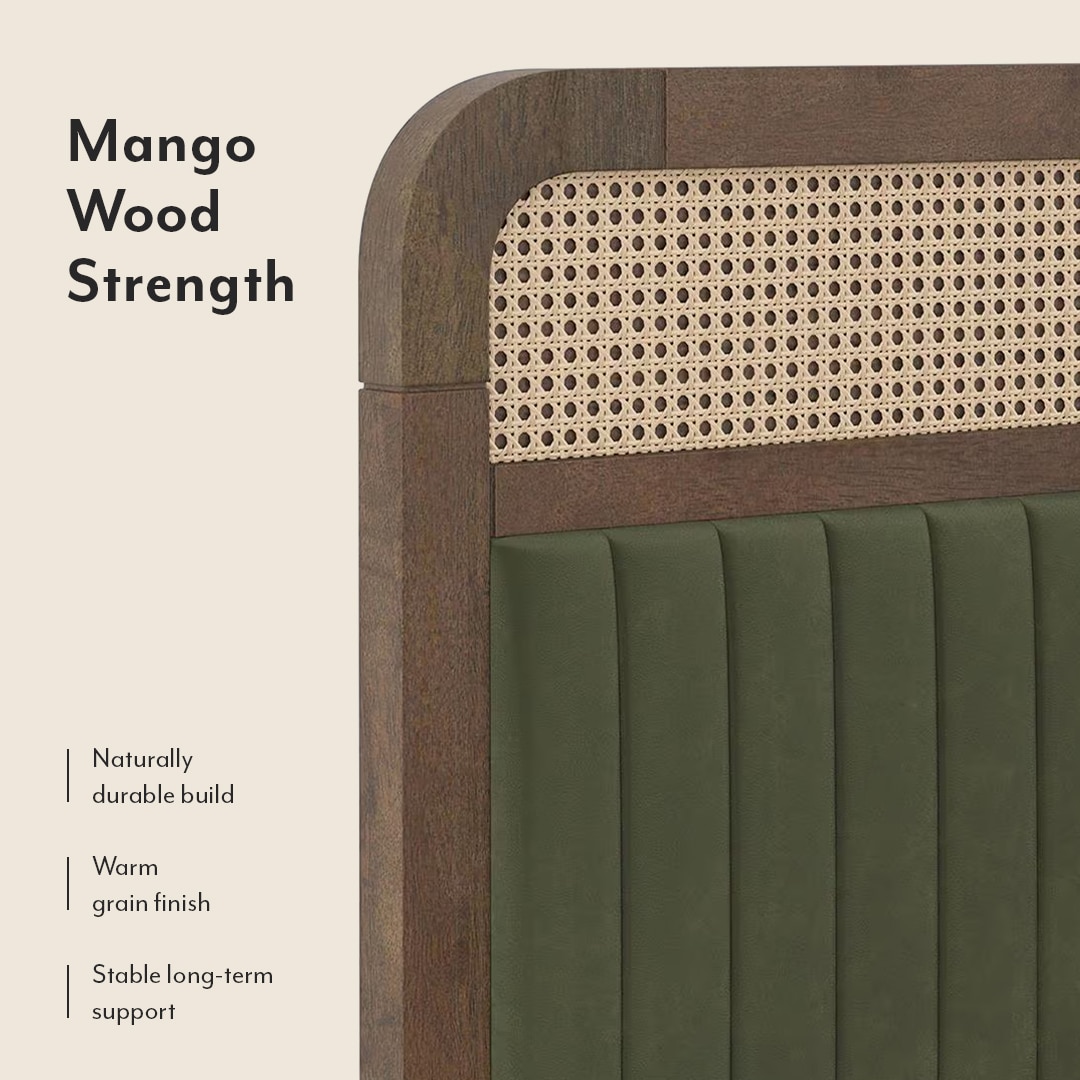 Hanoi Solid Wood Cane Queen Size Hydraulic Storage Bed In Danish Walnut Finish with Deep Olive Colour