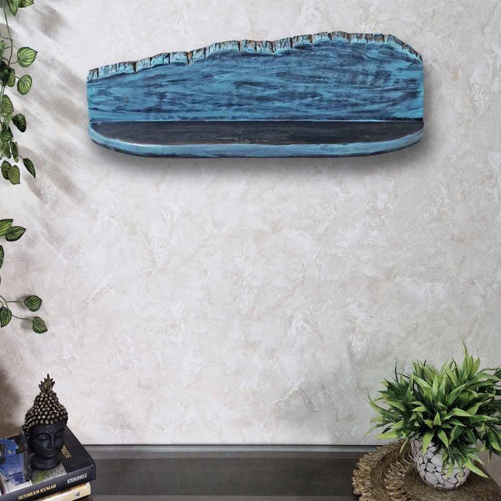 Mika Teal Colour Solid Wood Wall Shelf with Bark lining - Disoo Fashions