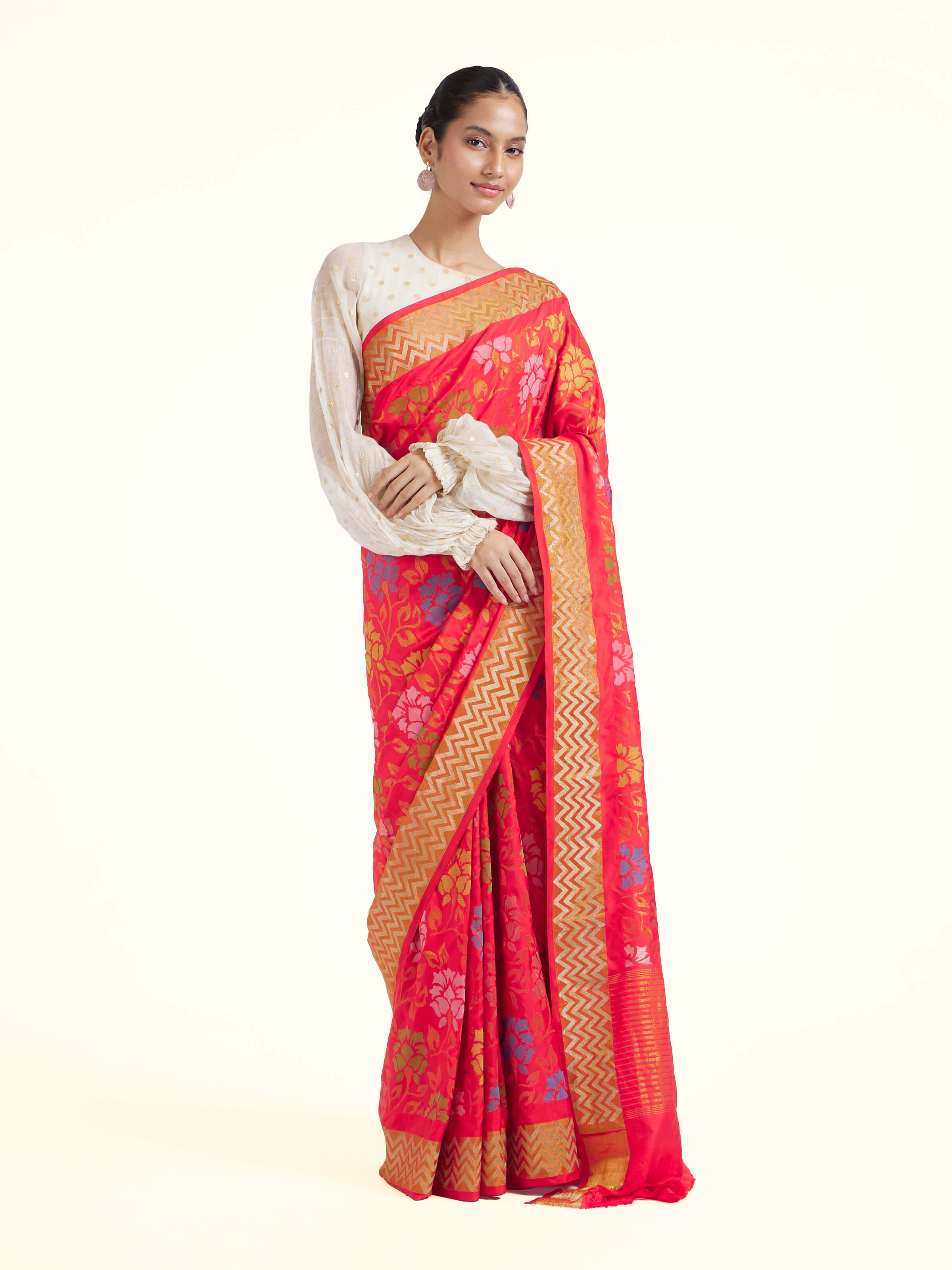 Front view of red mulberry silk Uppada Jamdani saree showcasing handwoven Jamdani patterns