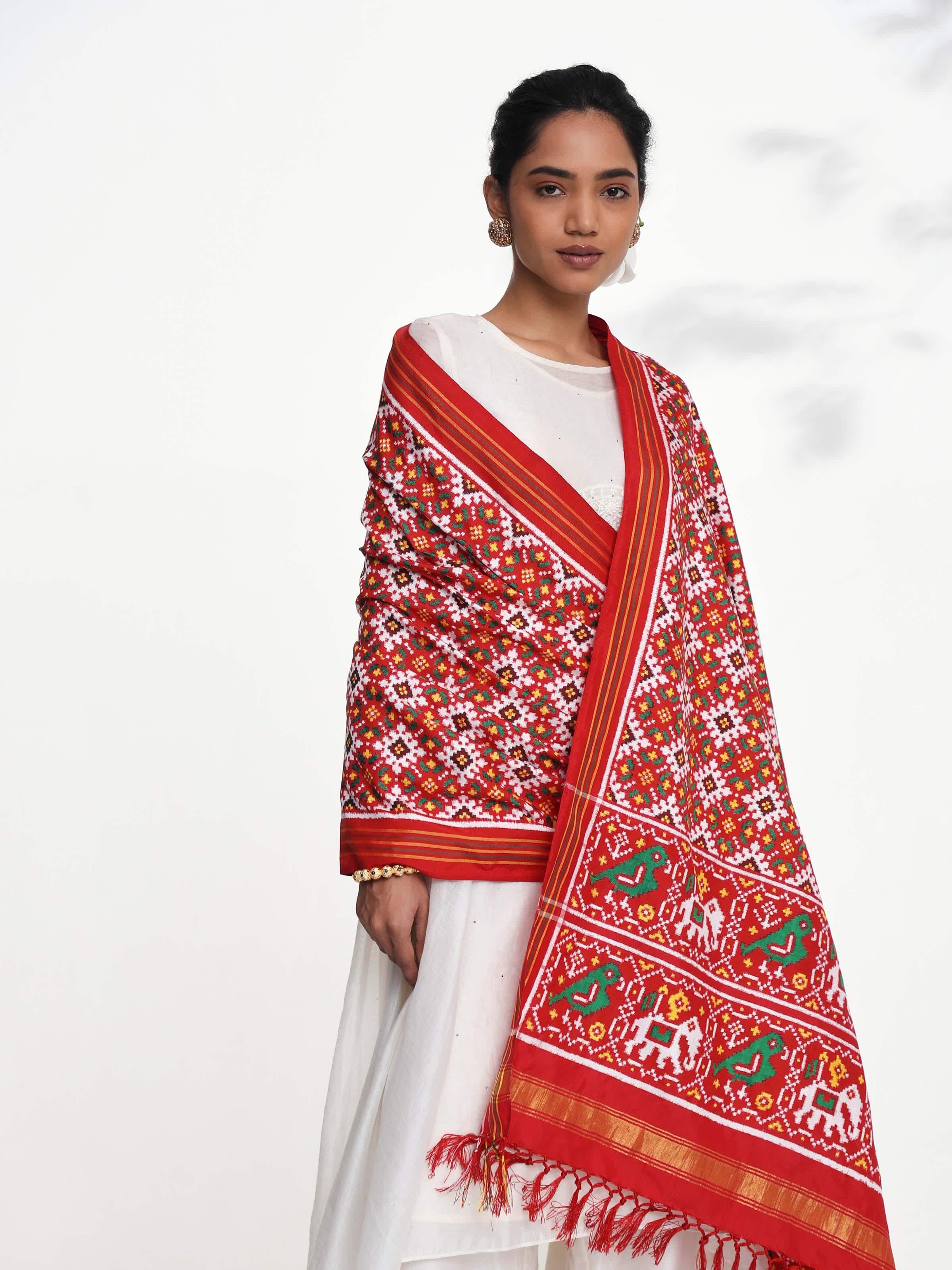 Pink Ikat Patan Patola Handwoven Dupatta