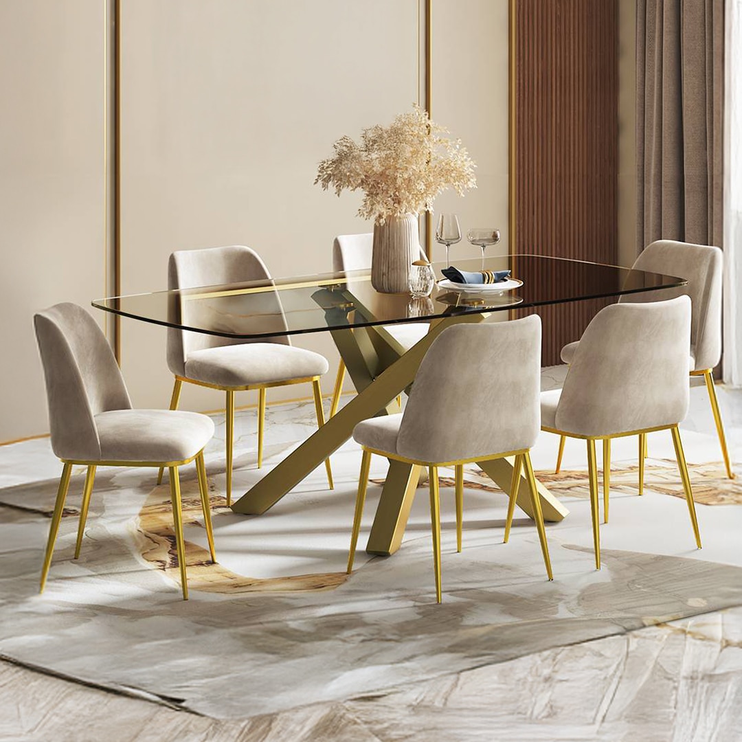 Zaida 6 Seater Glass Dining Table With Set Of 6 Olivia Dining Chairs Colour- Cloudy Beige Velvet Finish- Glass