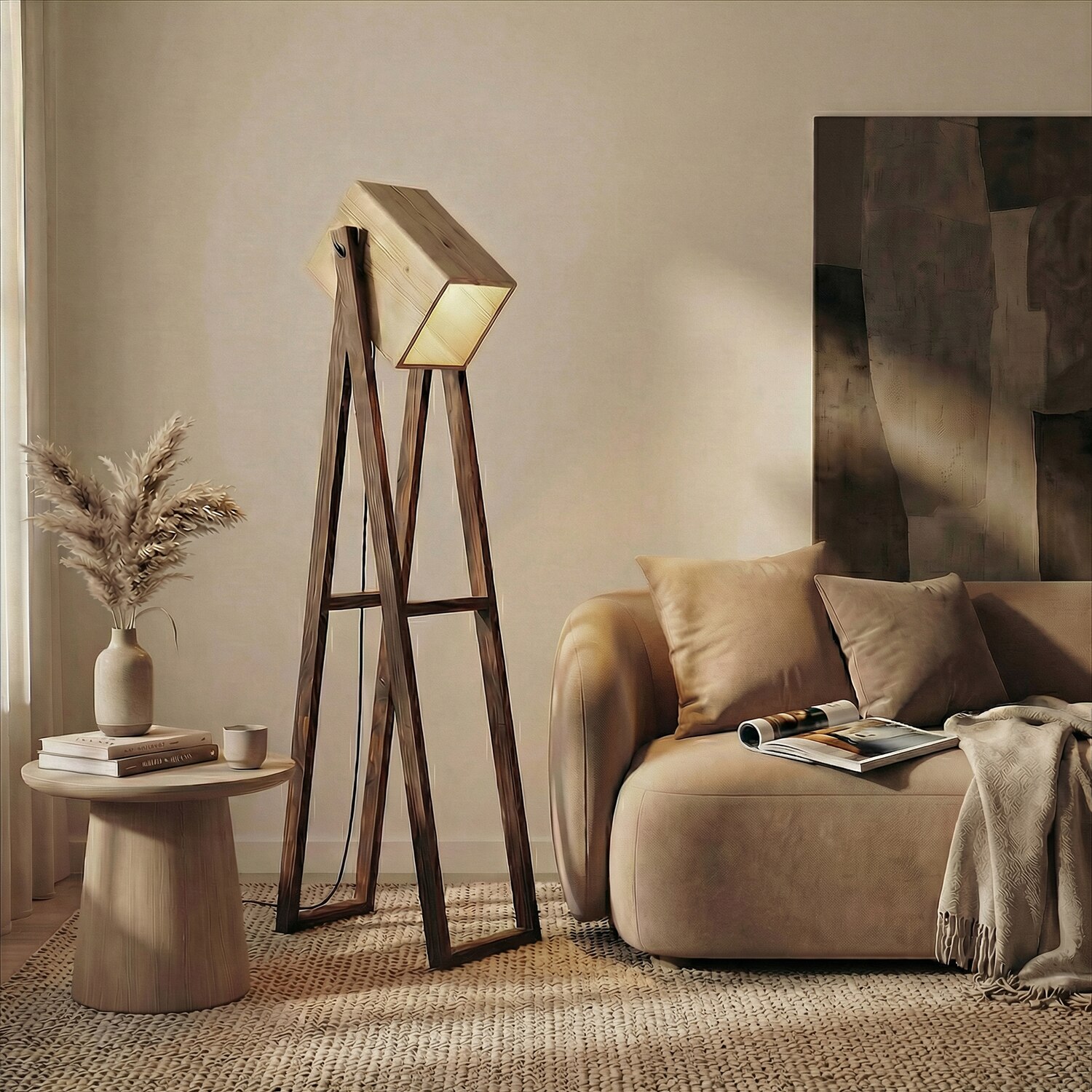 Focal Beige Solid Wood Floor Lamp with Beige Solid Wood Base