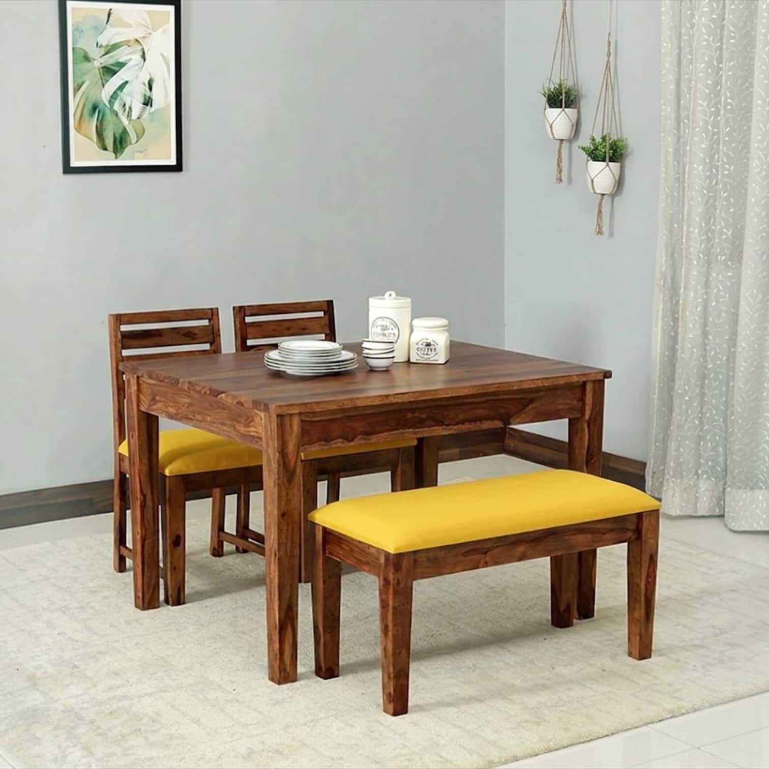 Arbor 4 Seater Dining Set with Cushioned Bench in Yellow Colour - Interior Valley
