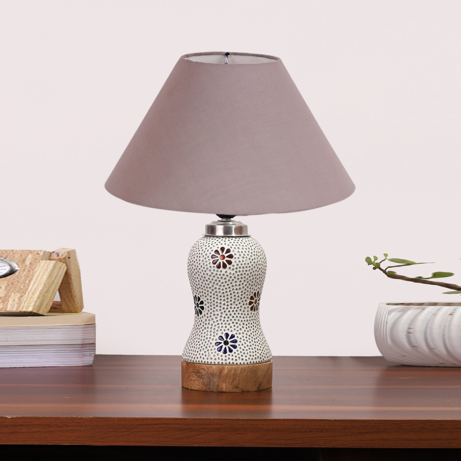 Devansh Conical Grey Cotton Shade Lamp With Wood & Mosaic Glass Base For Decoration/Office/Home/Gifting/Study For Decoration/Office/Home/Gifting/Study -(10X10X14.5) Inches -A