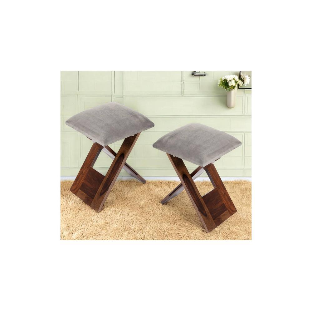 Dayton Sheesham Wood Accent Square Set of 2   Stools in Grey Cotton Velvet Upholstery