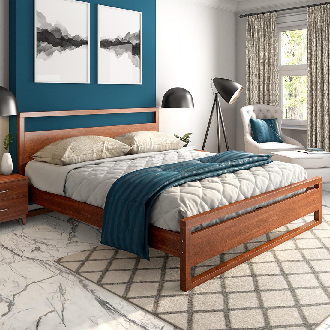 Turner Solid Wood Queen  Size Bed Without Storage (Dark Oak Finish) - Durian
