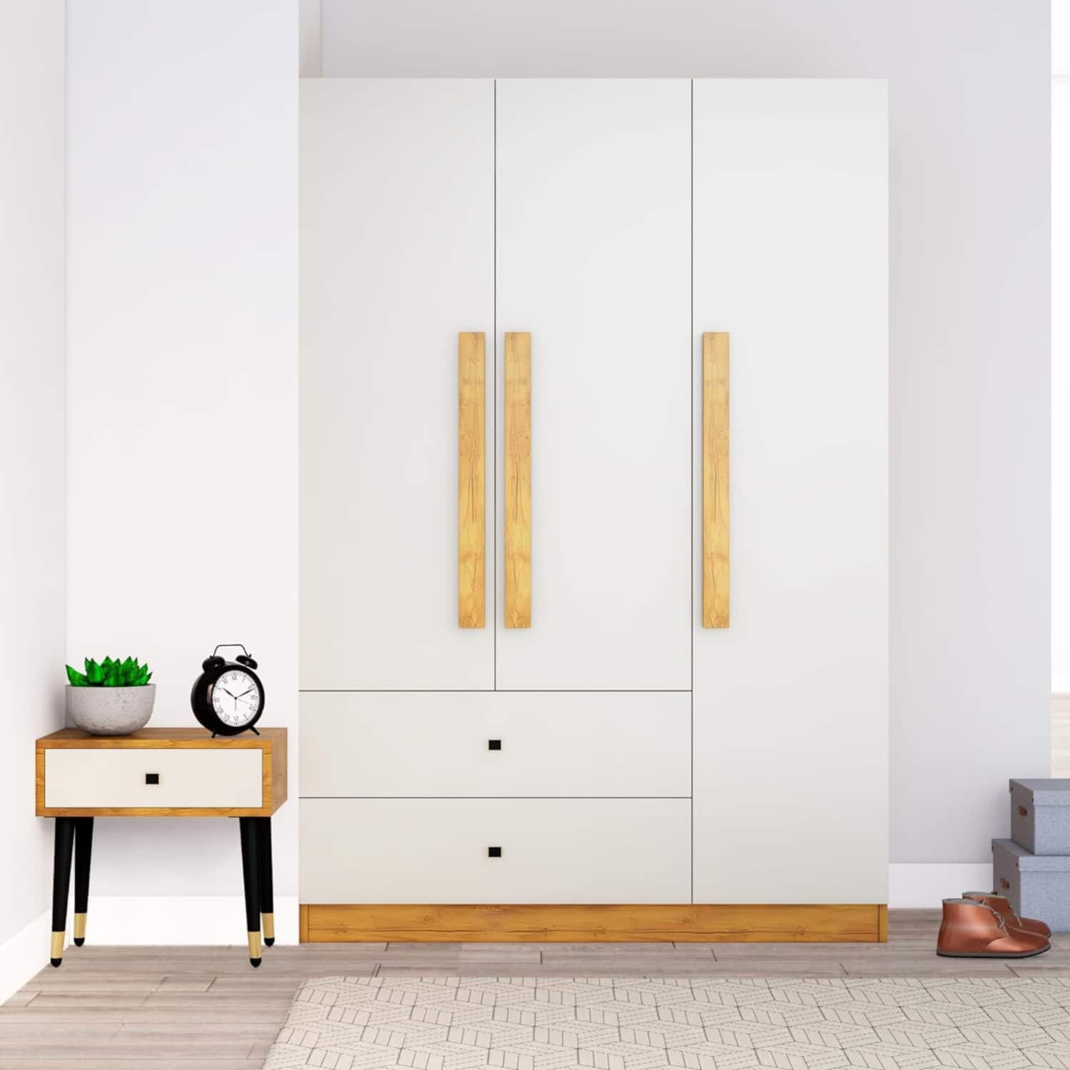 Hexa Red Wooden 3 Door Wardrobe with 2 Drawers Hanging Space in Giant Wood and Frosty White Color - HexaRed