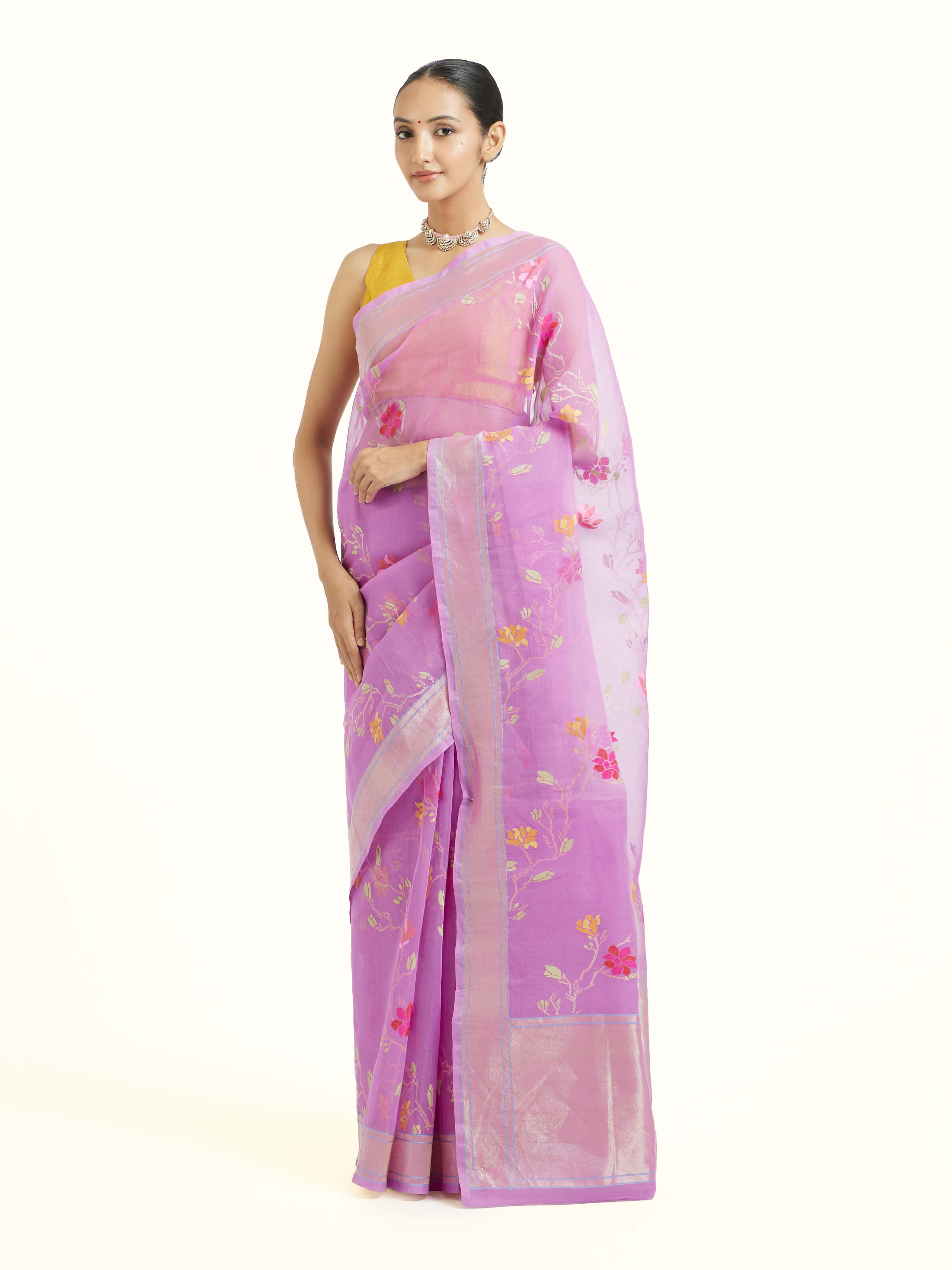 Side view of lavender cotton Awadh Jamdani Banarasi saree with soft drape and contrast border
