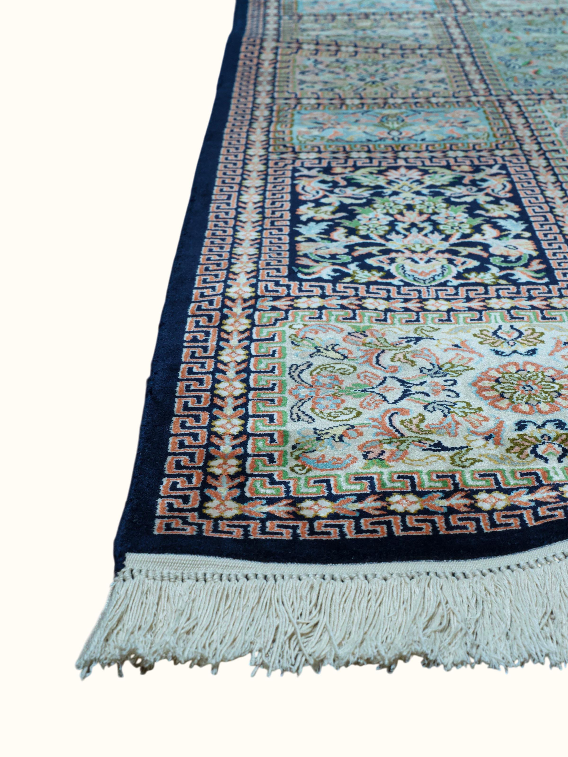 Traditional Persian Blue Green Dabdar Kashmir Silk Hand-Knotted Carpet