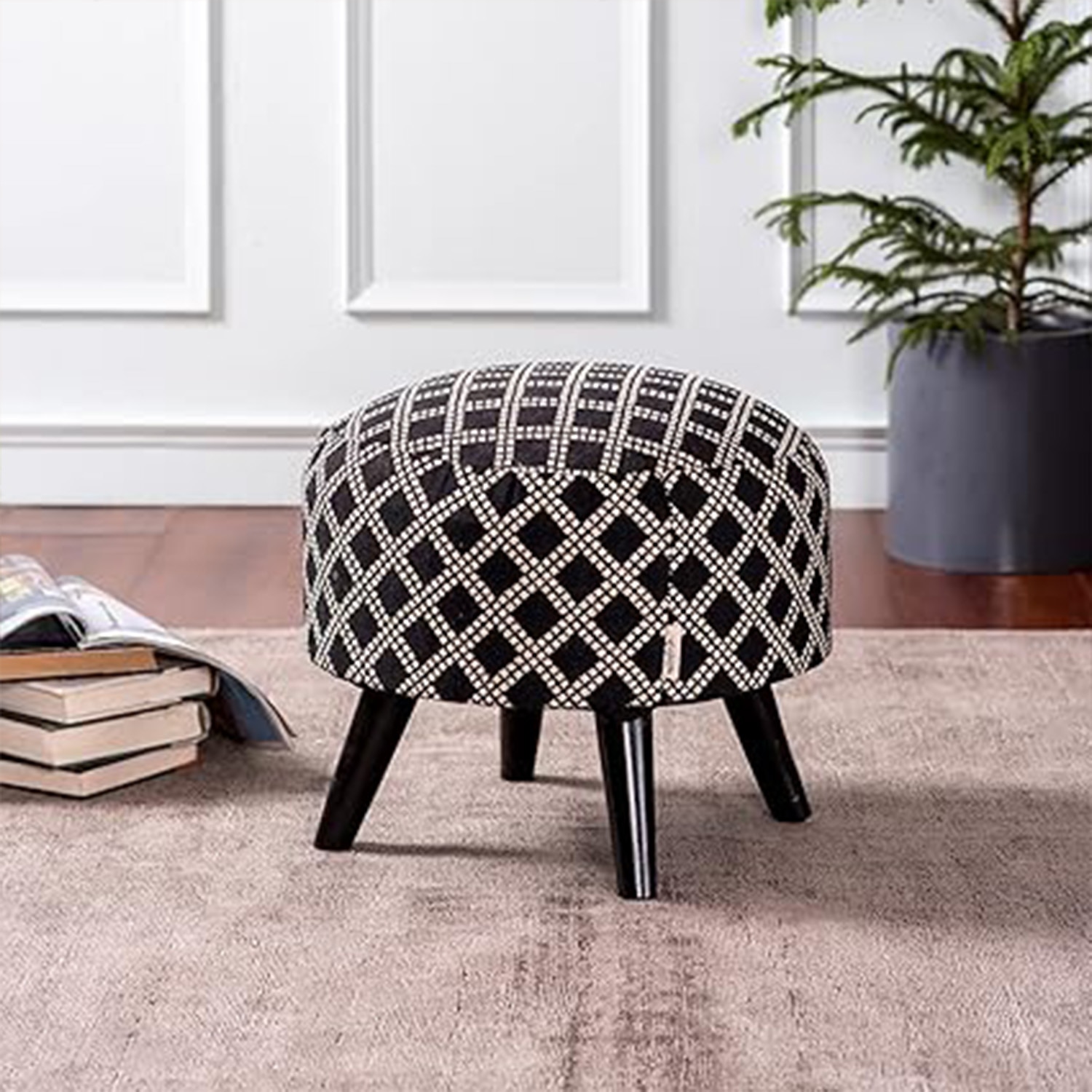 Quad Jacquard Wooden Ottoman in Black Color - Nestroots