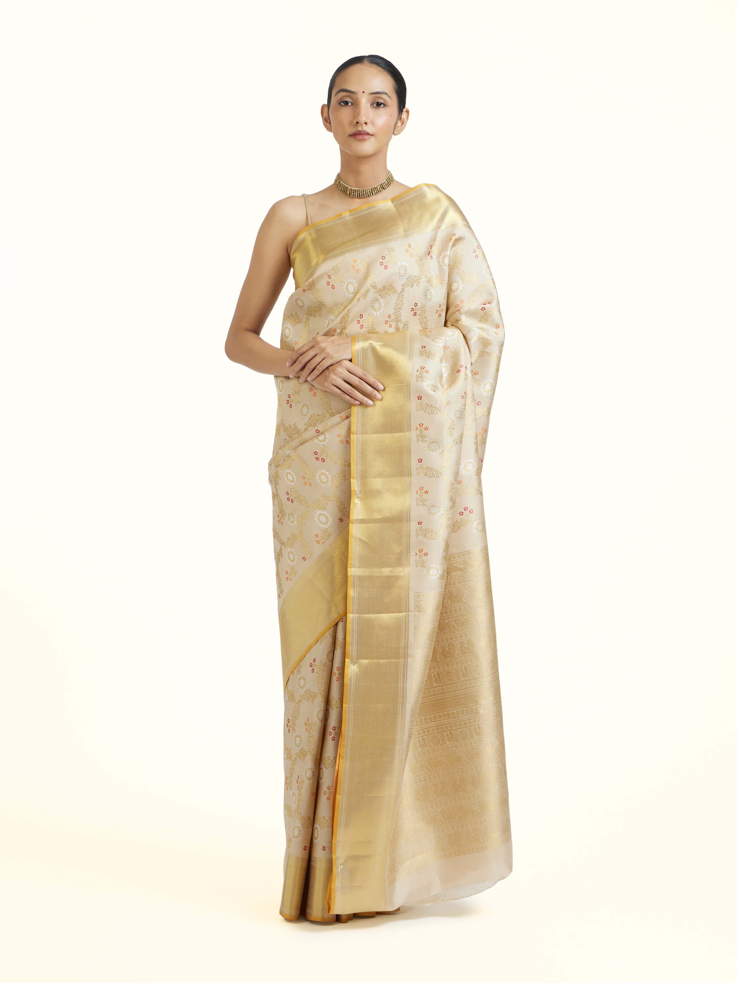 Beige Kancheepuram Silk Zari Saree