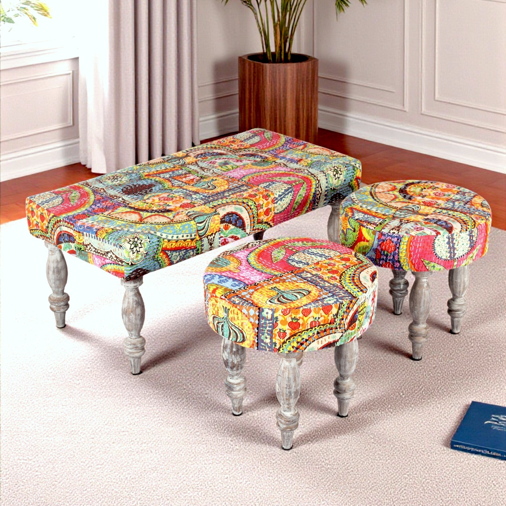 Bestone Sheesham Wood Bohemian 2+1+1 Seater Bench Set With 2 Stools In Israel Print Patchwork Kantha