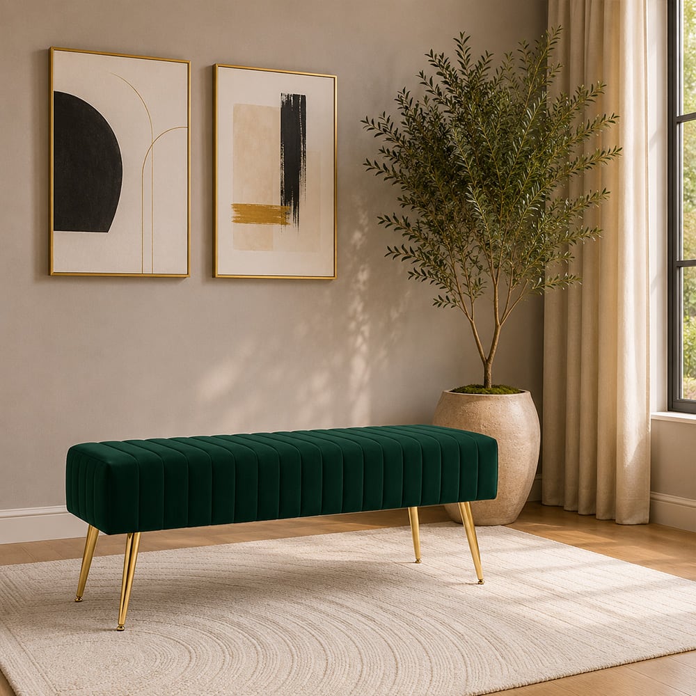 Doe Buck Upholstered Bench in Green Colour with Channel Stitching and Gold Legs - Doe Buck