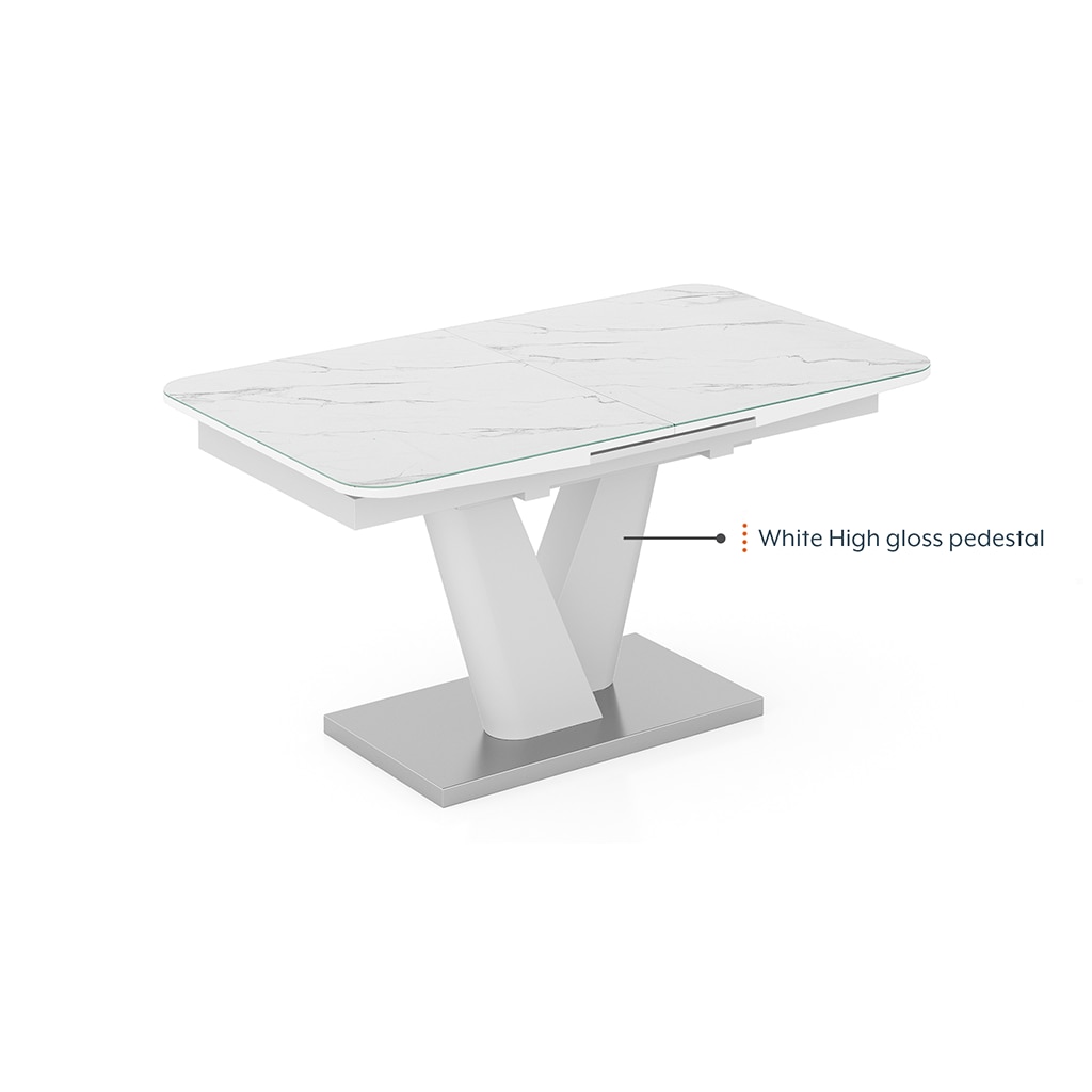 Caribu 4 To 6 Extendable Dining Table In White Marble Color With High Gloss Finish