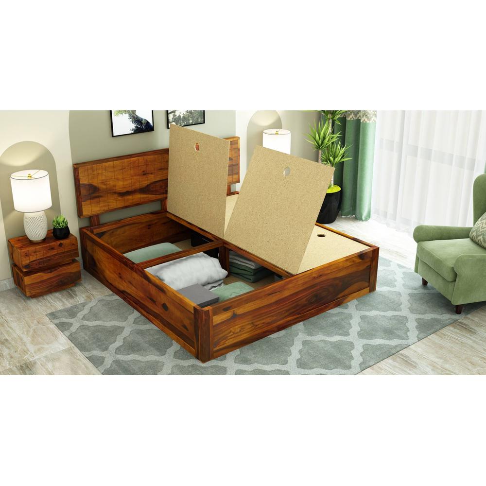 Esra Sheesham Wood Queen Size Bed Box Storage Honey OakOak Finish (60 x 78 inches)