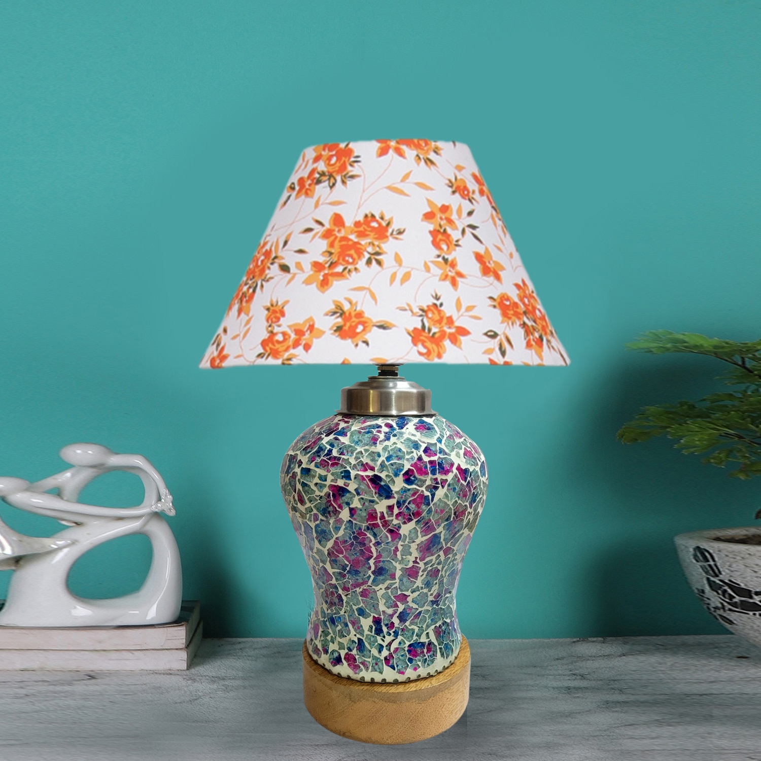 Devansh Conical Multicolor  Cotton Shade  Lamp With  Wood & Mosaicglass Base For Decoration /Office/Home/Gifting/Study For Decoration /Office/Home/Gifting/Study -(10X10X14.5) Inches -