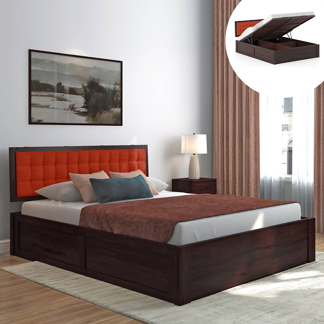Florence Queen Size Solid Wood Hydraulic Storage Bed In Mahogany Finish & Lava Colour