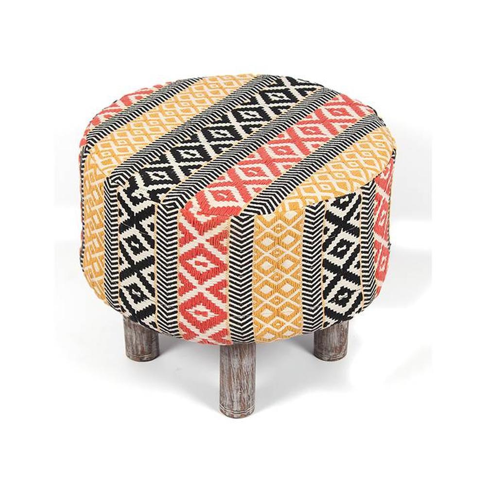 Collio Solid Wood Ottoman Pouffee in Stripe Multi Colour Jackard fabric