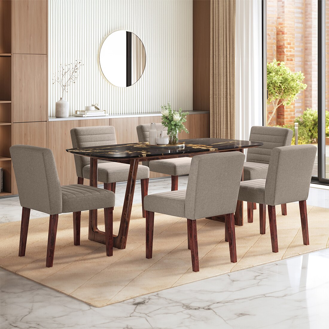 Adria Copa Cabana Black Stone 6 Seater Dining Table In Dark Sheesham Finish