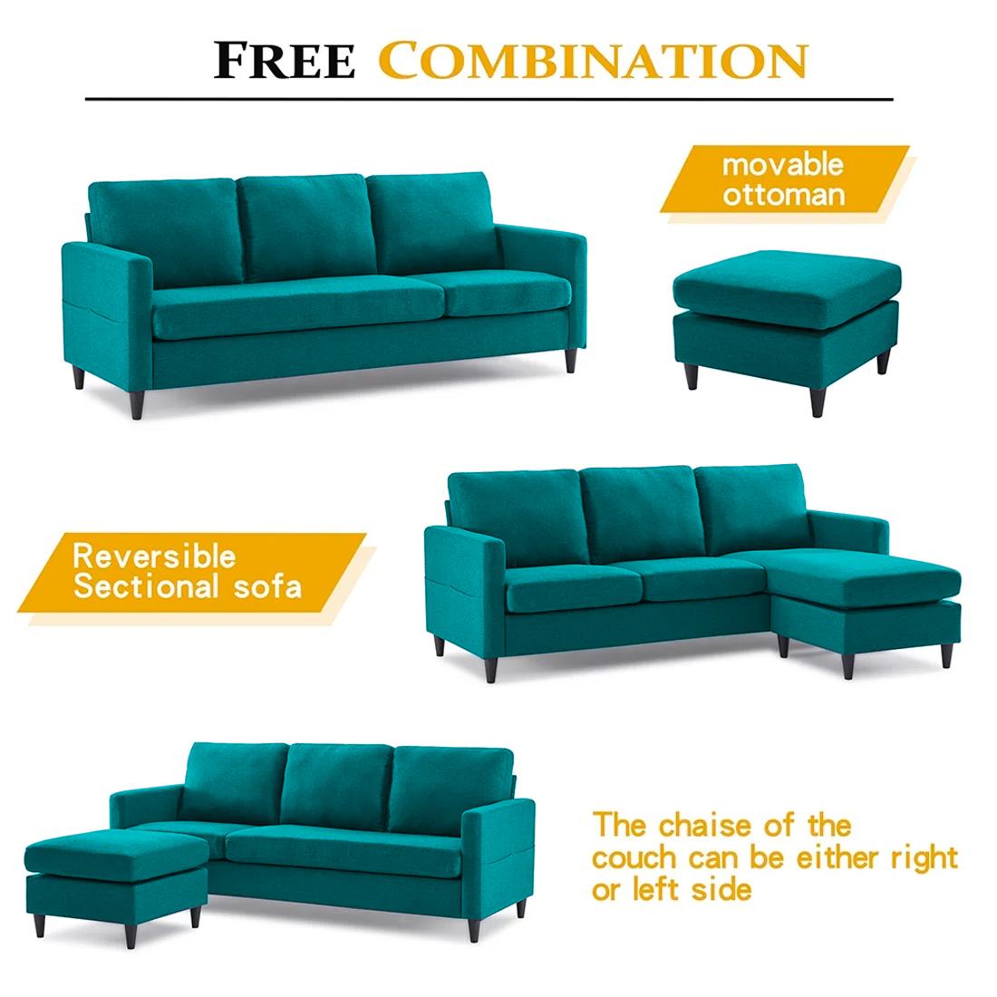 Monznij Sectional Fabric Sofa - Turquoise