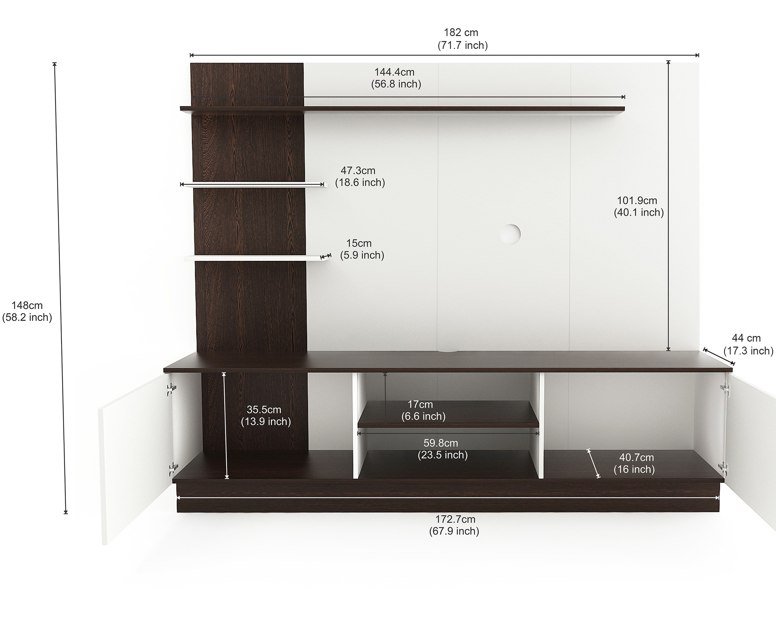 BLUEWUD Rowlet Large Engineering Wood Floor Standing TV Entertainment Unit Set Top Box Stand/TV Cabinet Panel with Shelves for Books & D�cor Display Unit Bed Living Room Upto 55 Inches (Wenge & White)