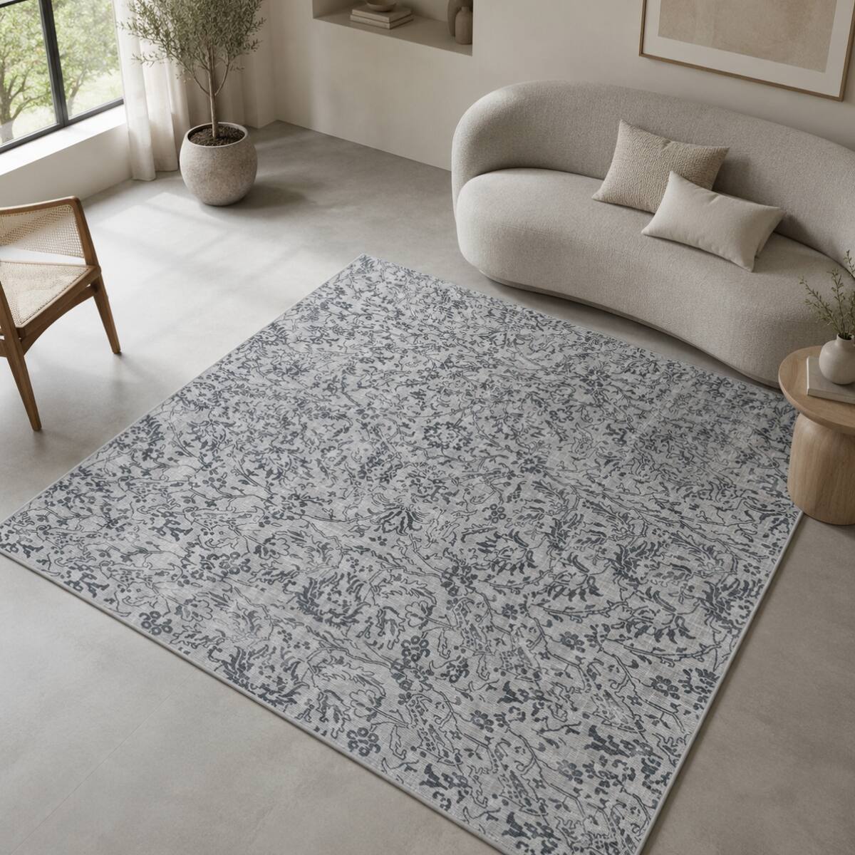 Neulooms Handloom Knotted Reversible Flatweave Square Rug Olive Green or Ivory 7x7