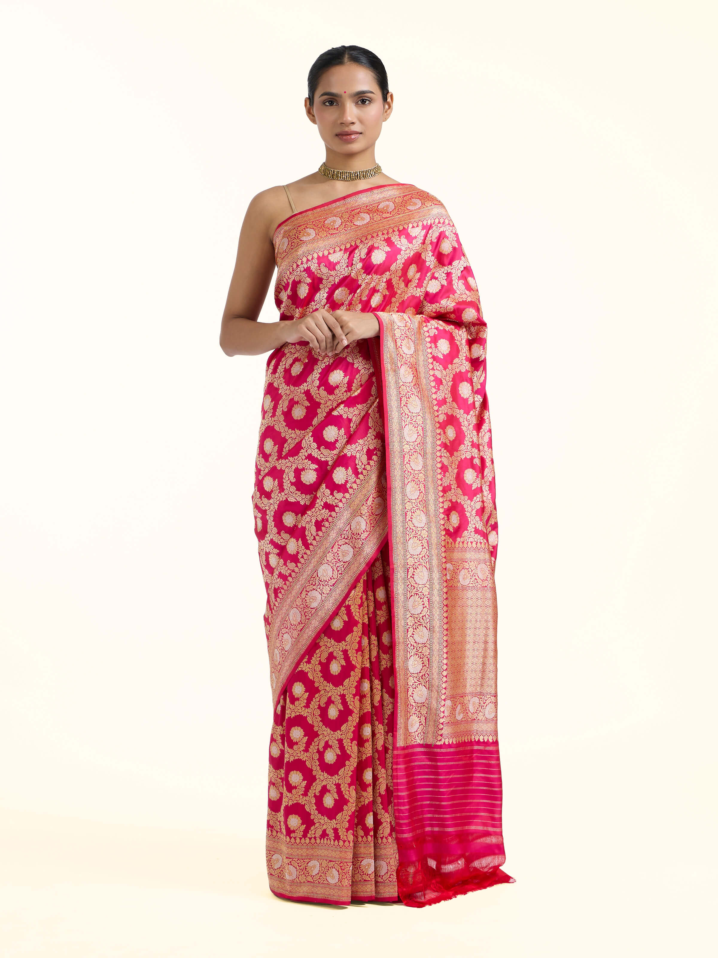front view of pink banarasi kadhwa silk saree with intricate weave